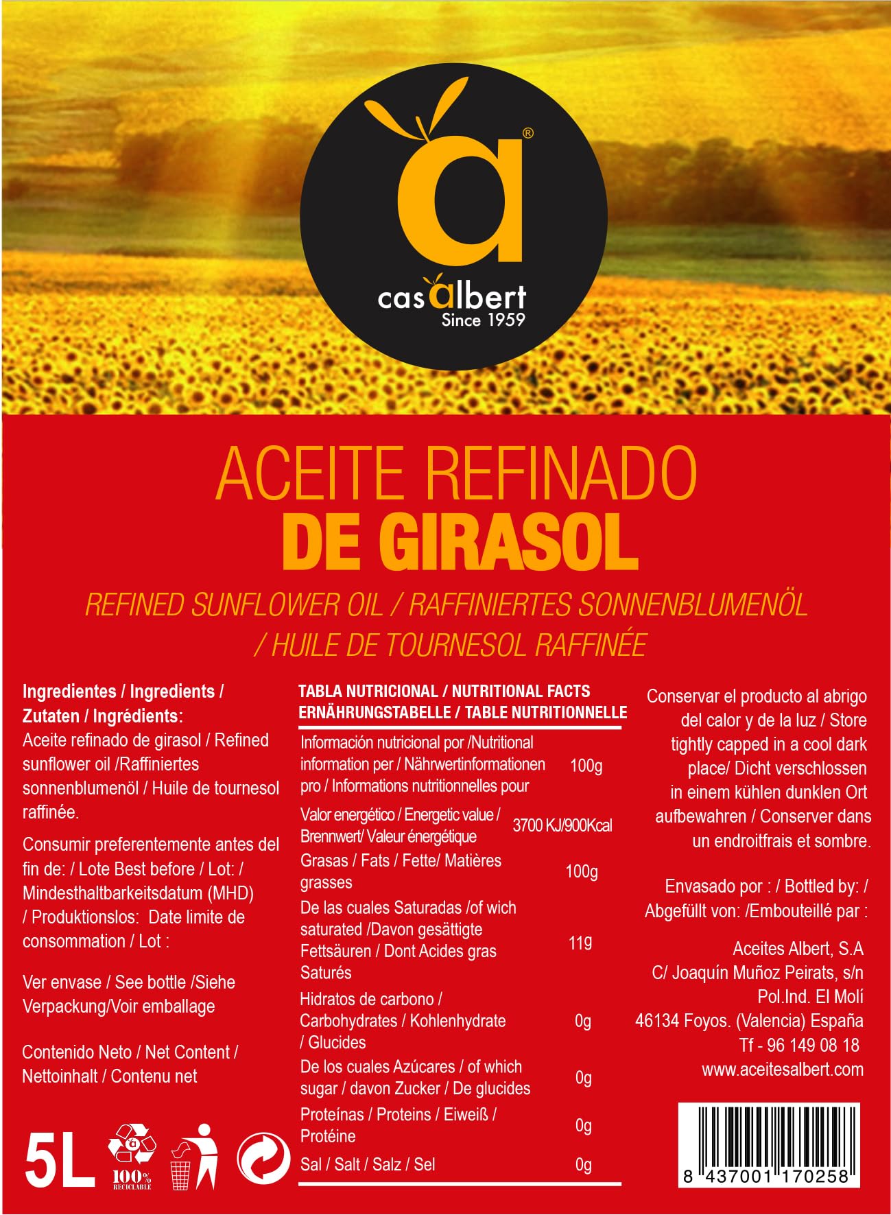 Huile de tournesol Casalbert - Huile spéciale friture ou cuisson - Huile de tournesol raffinée à haute teneur en acide oléique - Bidon de 5 l