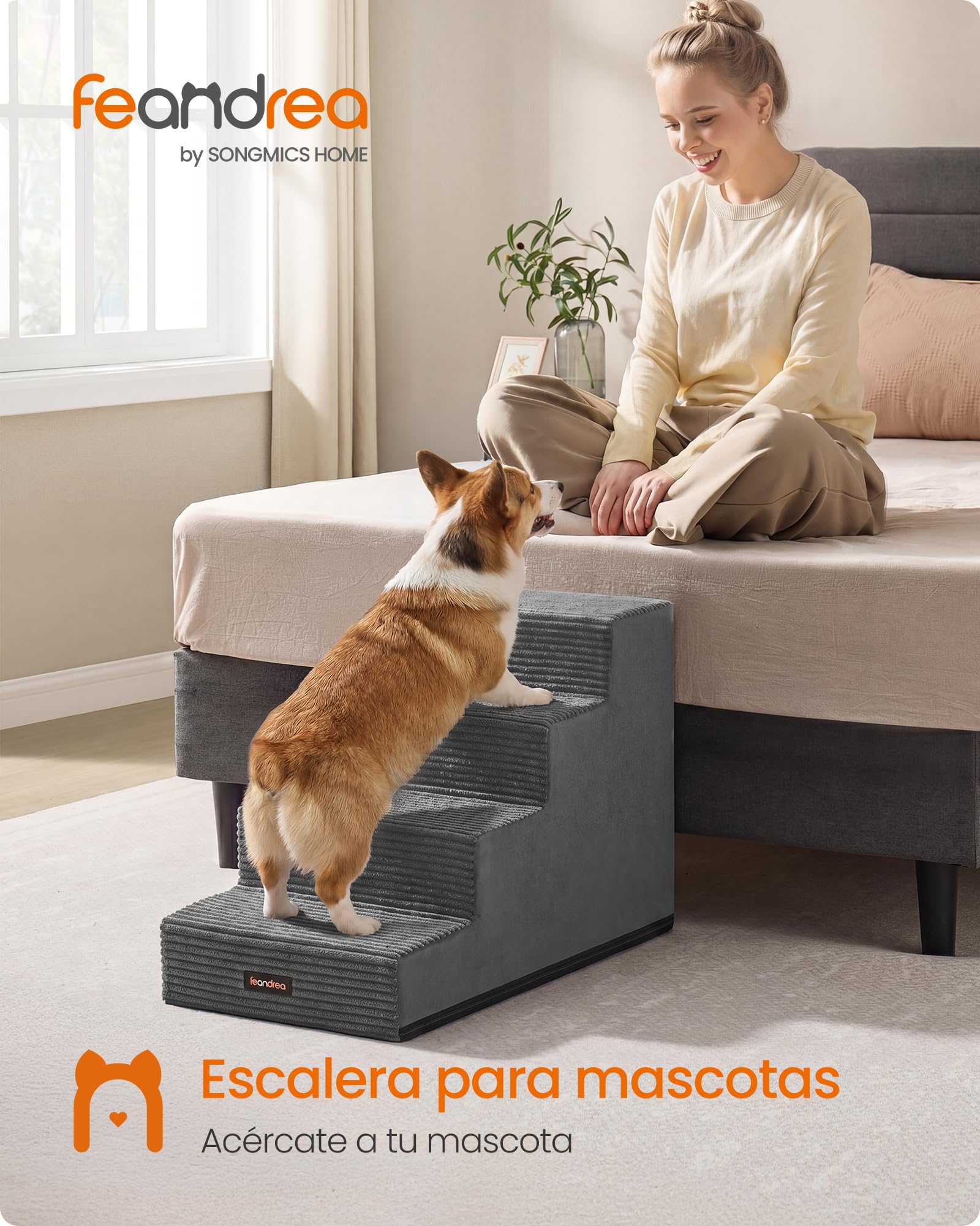Feandrea Escaleras para Perros de 4 Peldaños, Espuma de Alta Densidad, Funda de Pana Impermeable y Lavable, Antideslizante, para Cama y Sofá, 62 x 40 x 44 cm, Gris, Colección Baddi PPS024GN01