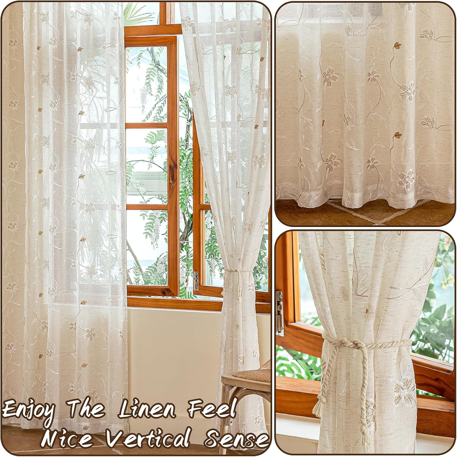 AmHoo 2 Panels Linen Floral Leaf Embroidered Semi Sheer Curtain Farmhouse Voile Curtains for Living Room Bedroom Window Treatment Taupe 52 x 84 Inch