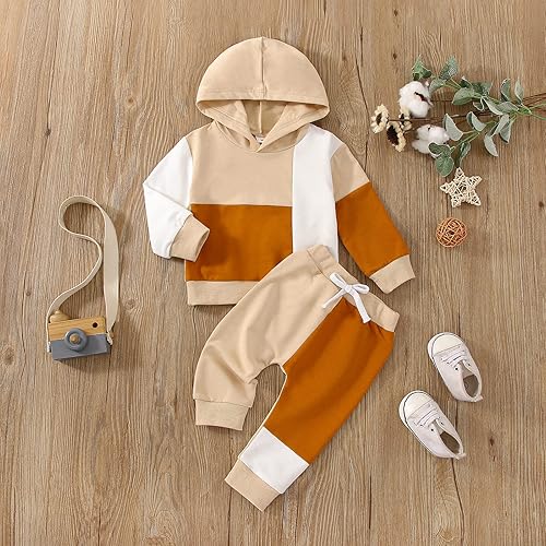 Miniatura 3 de Ursobutegl Ropa para bebé niño pequeño, sudadera con capucha y bloques de color, 2 piezas, sudadera para otoño e invierno (bloque caqui, 2-3 años),