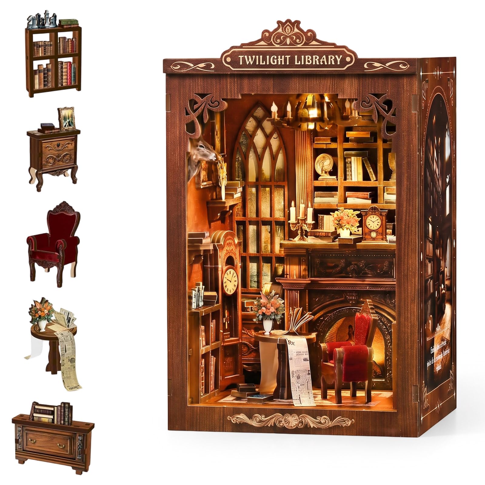 Book Nook Kits for Adults - DIY Mini library Booknook with LED lights, Wooden 3D Puzzles Miniature House Kit, Bookshelf Decor & Gifts for Book Lovers