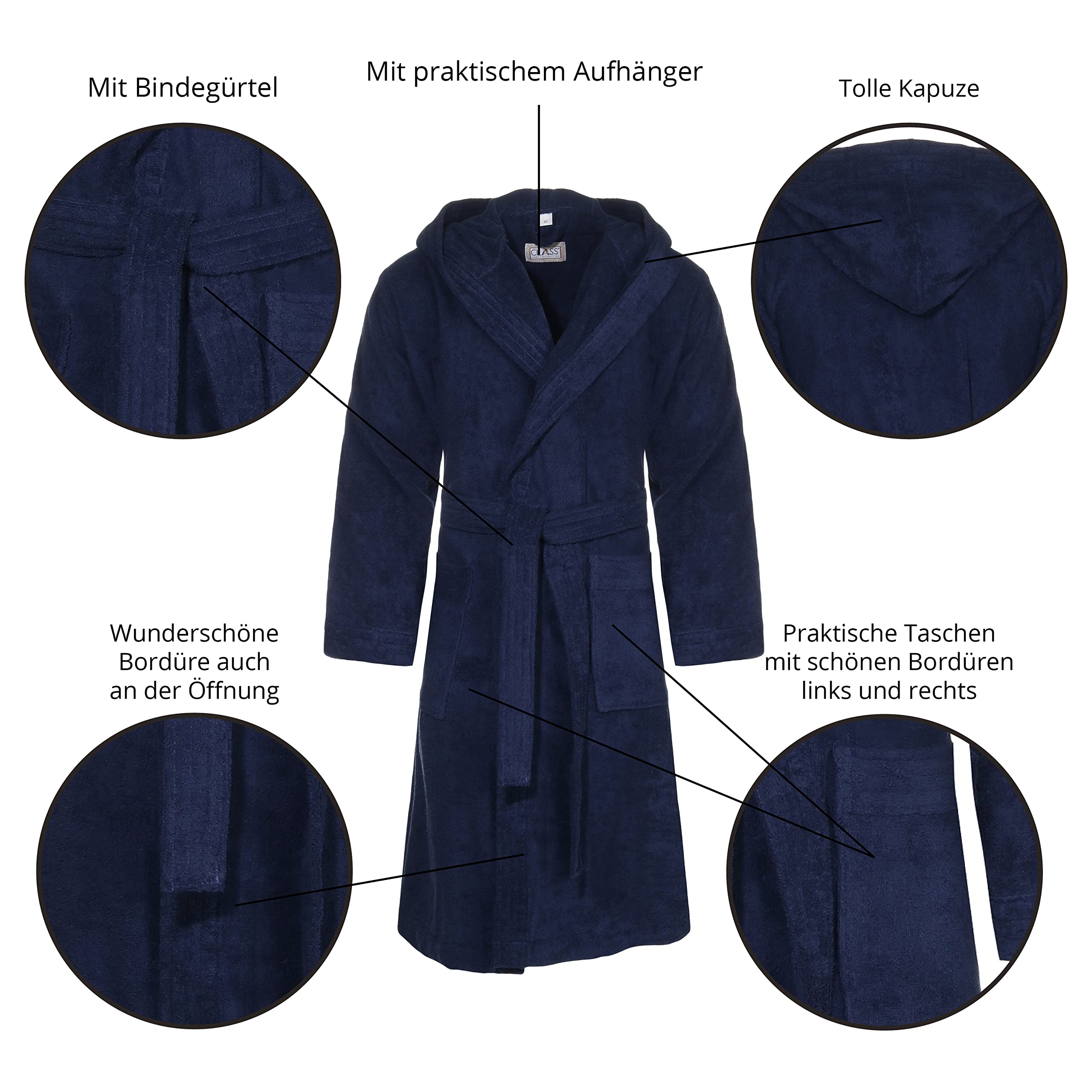 Class Home Collection Bademantel Damen & Herren mit Kapuze – 100% Baumwolle Frottee, weich & saugfähig – OEKO-TEX zertifiziert