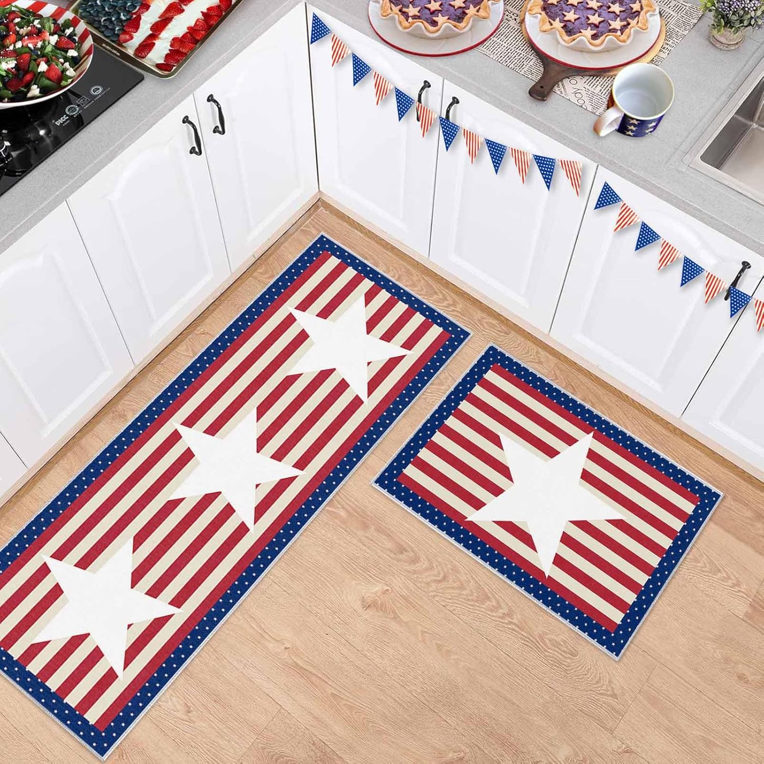 2 Pieces Kitchen Rugs and Mats,White American Star on Red Stripes Area Runner Rug Set Non Slip Floor Doormat Washable Carpet Standing Mat for Kitchen Sink Indoor Corridor,Independence Day Theme