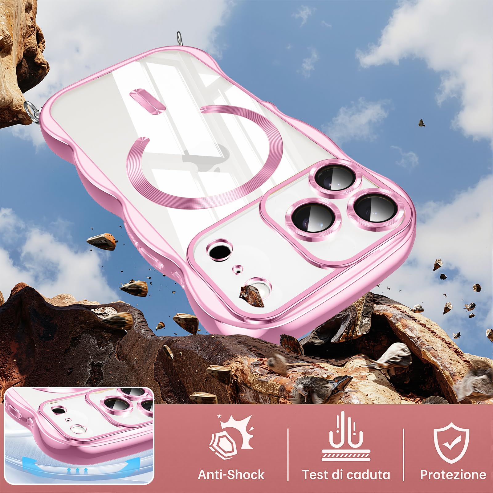 Custodia Trasparente Con Cordino Per IPhone 17 Pro 6.3” – Bordo Ondulato, Ricarica MagSafe E Laccio Regolabile