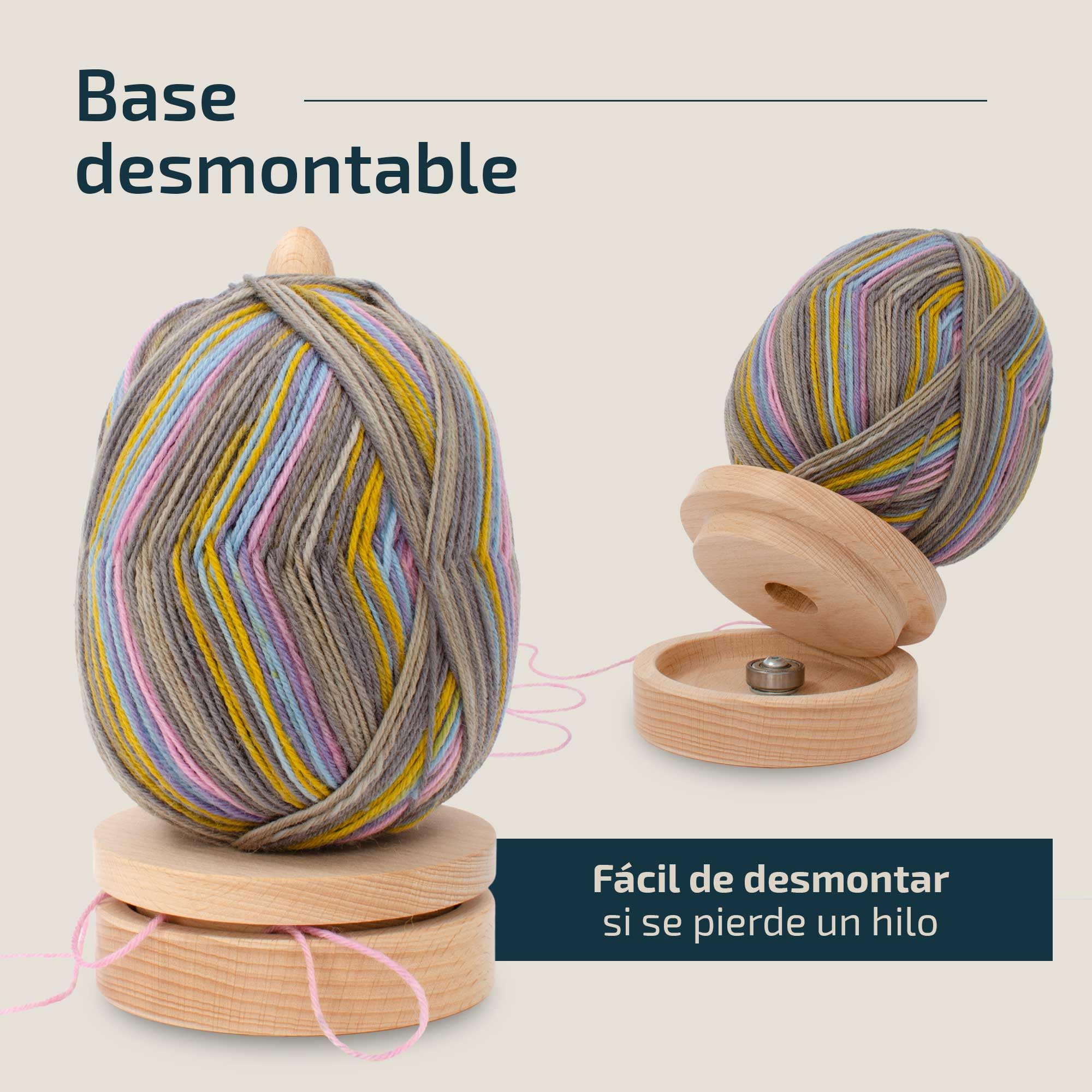 Bobinadora lana, dispensador de lana giratorio con rodamiento de bolas para tejer sin nudos - porta ovillos de madera 24 cm