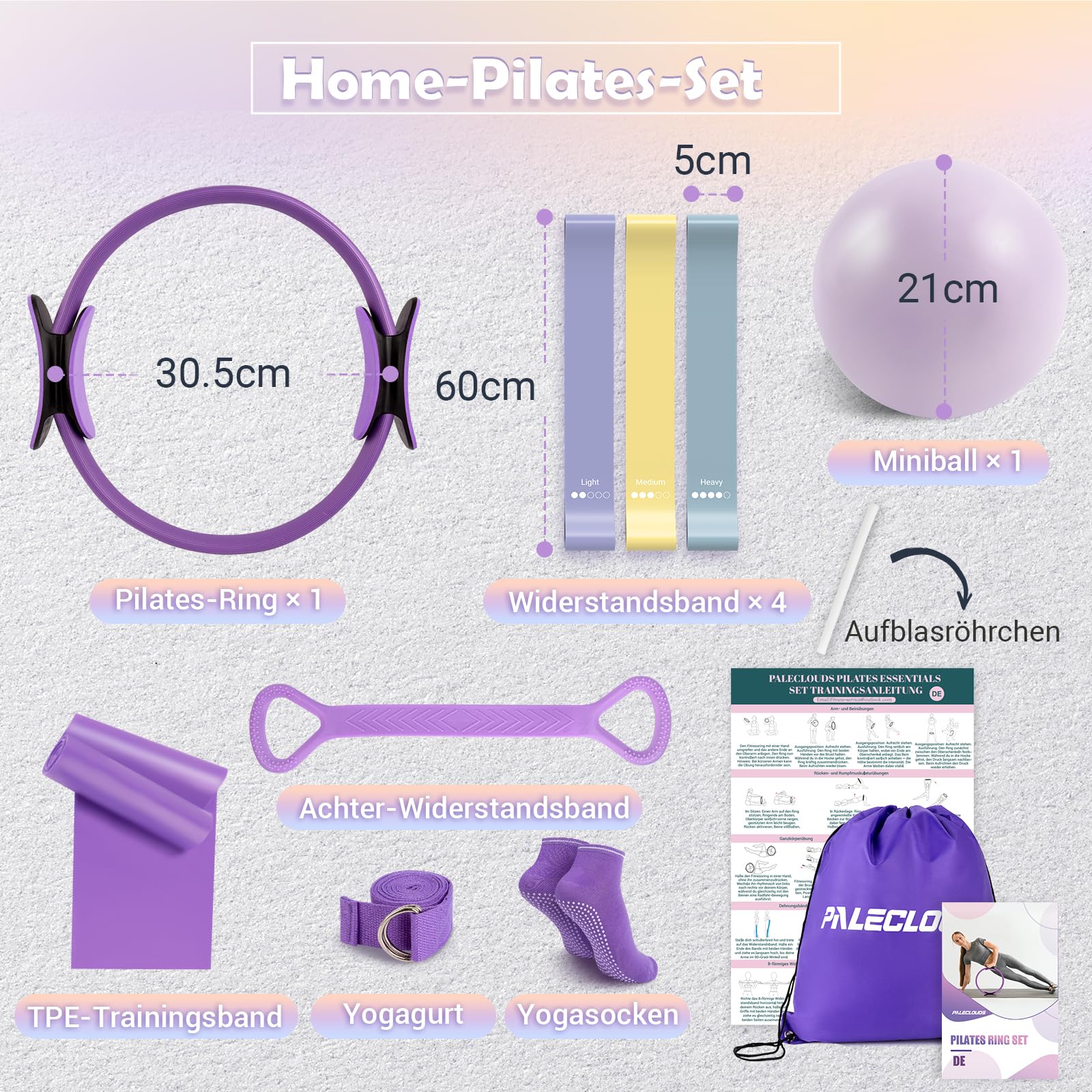Pilates Set für Zuhause, Pilates Ring und Ball Set mit 12"/30 cm Yoga Circle, Miniball, 3 Fitnessbänders, Trainingsposter & Tragbare Tasche, Pilates Kit für Homeworkout Equipment Frauen, Workout