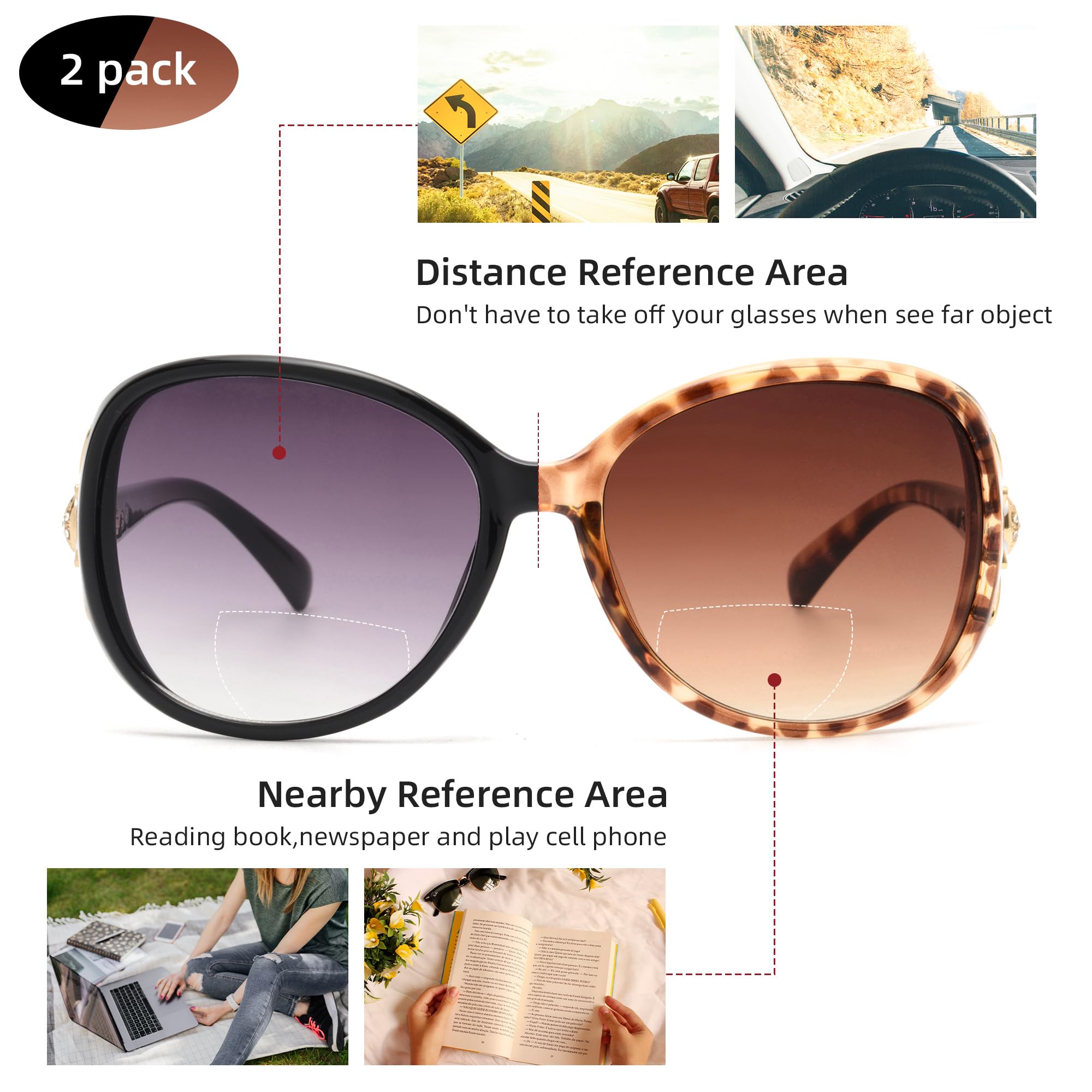 JM Classic Bifocal Reading Sunglasses for Women Vintage Reader Glasses Outdoor Black+Brown 2.0 - Image 4