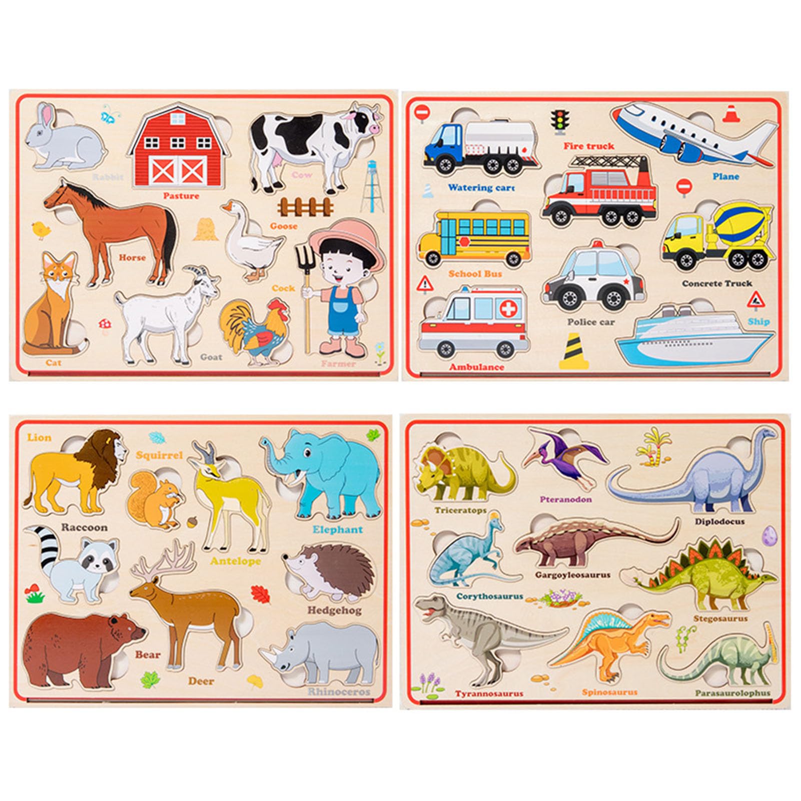 Holzpuzzle-Brett, Bauernhof, Dinosaurier, Transport und Tiere | Kleinkind-Matching-Puzzle, Montessori-Kognitives Spielzeug