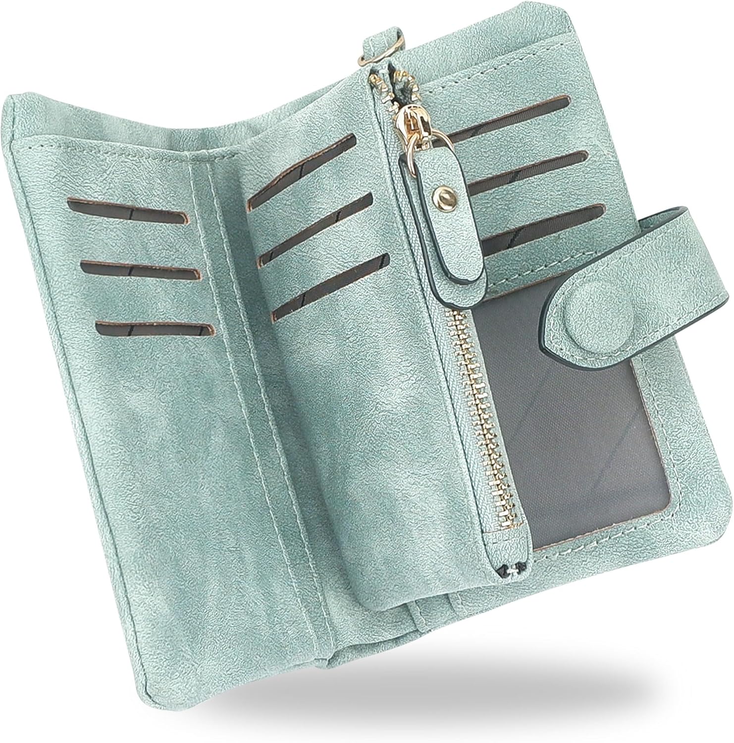 RFID Wallets for Women, Large Capacity Faux Suede Leather Small Womens Wallet with Wristlet (Light green)