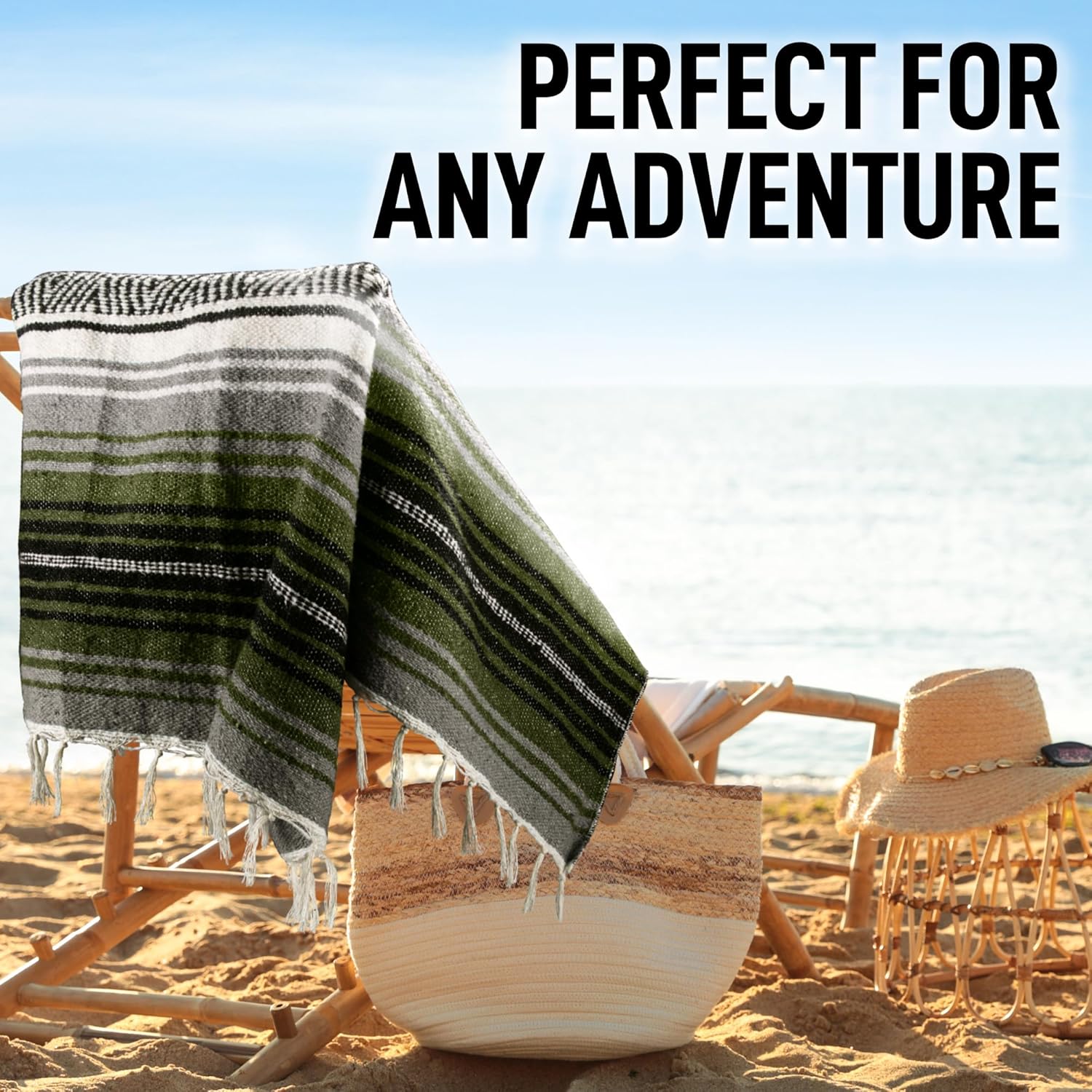 Hydration Nation Authentic Extra Large Mexican Blanket - 70"x50" Handwoven Yoga, Serape, Artisanal Falsa - Camping, Picnic, Outdoor (Military Green) - Image 4