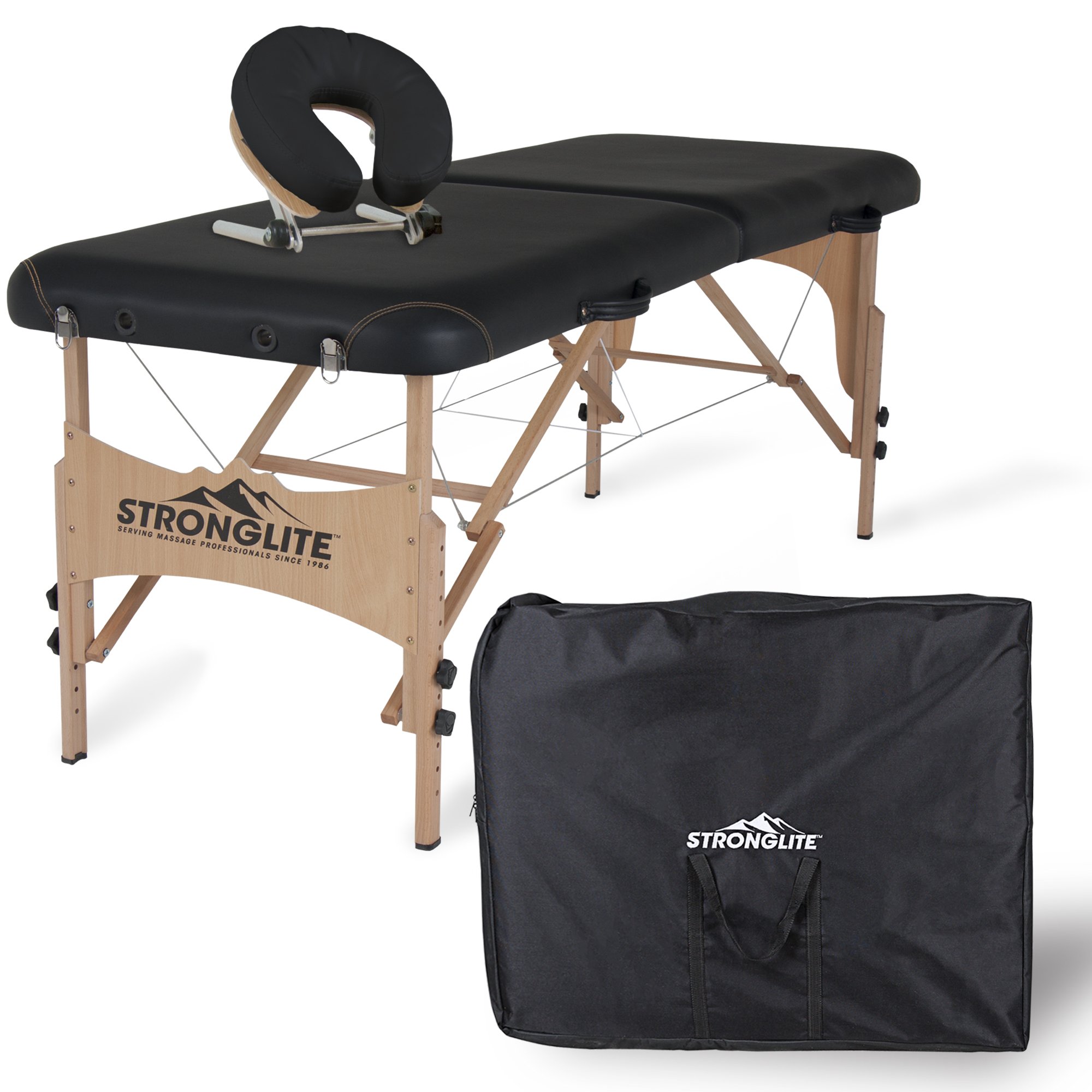 STRONGLITE Portable Massage Table Package Shasta - All-In-One Treatment Bed w/ Adjustable Face Cradle, Pillow & Carrying Case, Black