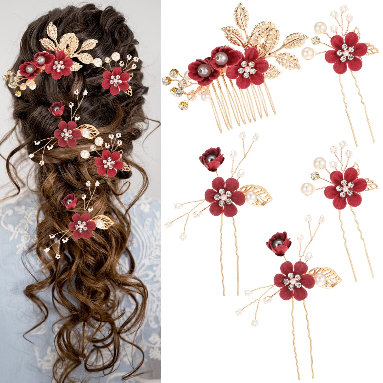 Photo 1 of 5 Pcs Bridal Flower Wedding Hair Pins Crystal Pearl Rhinestone Burgundy Flower Hair Clips Headpiece Wedding Hair Accessories Jewelry for Brides Bridesmaids Women Girls
