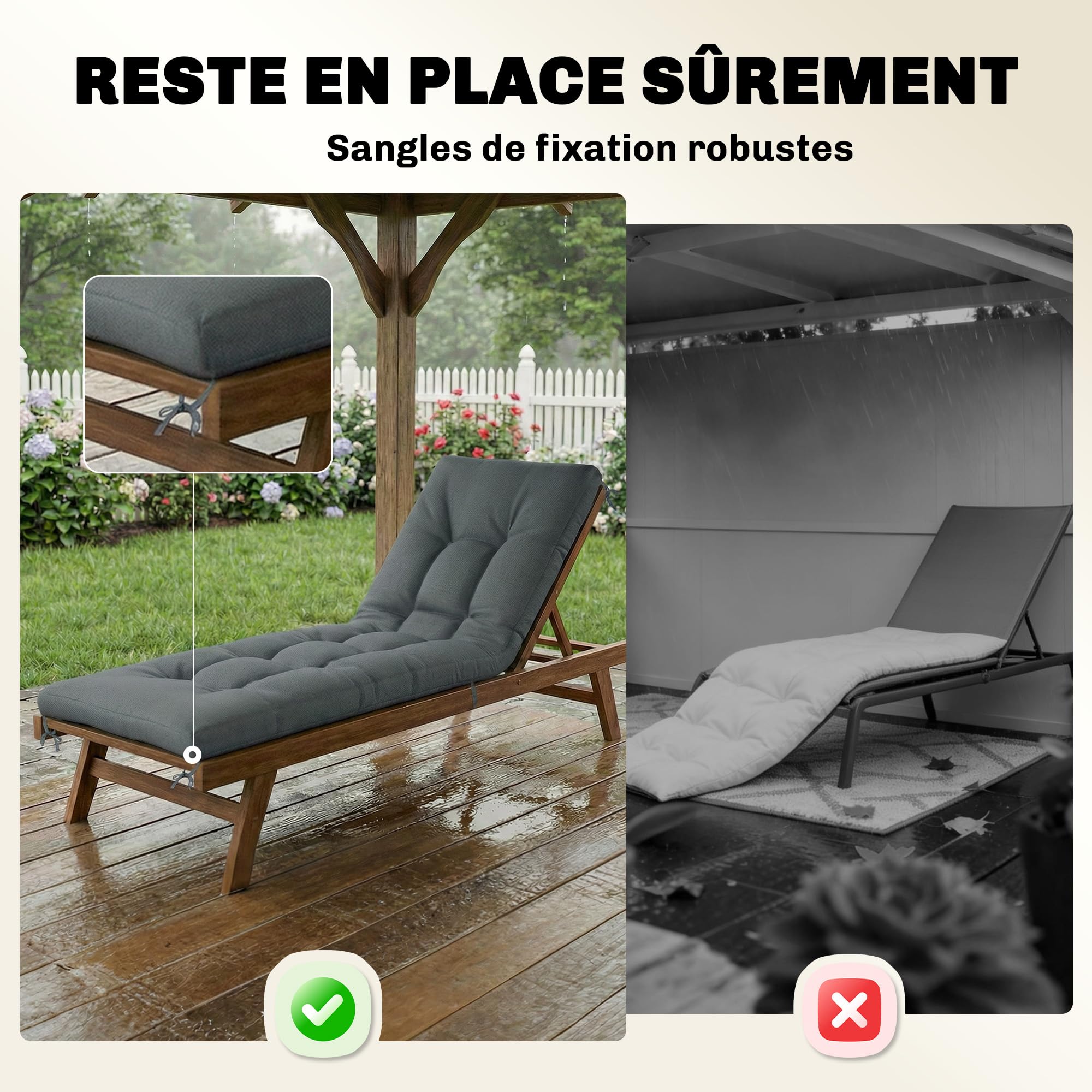 Outsunny Coussin Bain de Soleil Chaise Longue en Mousse à Mémoire, avec Sangles de Fixation, Protection UV50+, Coussin de Banc Matelas Assise pour Canapé Banc de Jardin, 198x65x13cm, Gris foncé