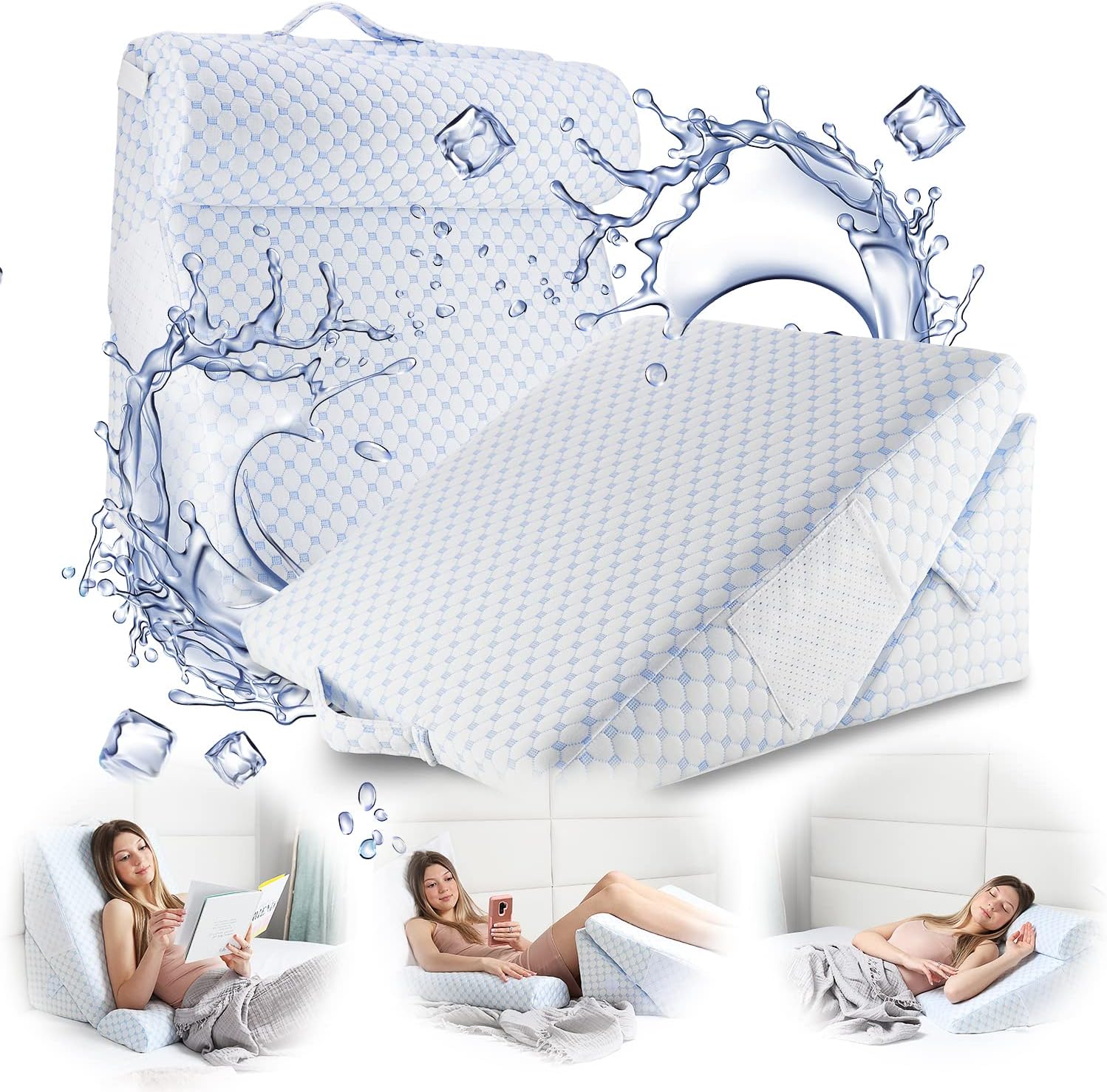 Nestl Bed Wedge Pillow - Adjustable Wedge Pillow for Sleeping to Reduce Acid Reflux, Wedge Pillows for After Surgery 12-in-1 Triangle Pillow Wedge, Cooling Gel Memory Foam Wedge Snoring Pillow Adjustable White/Blue