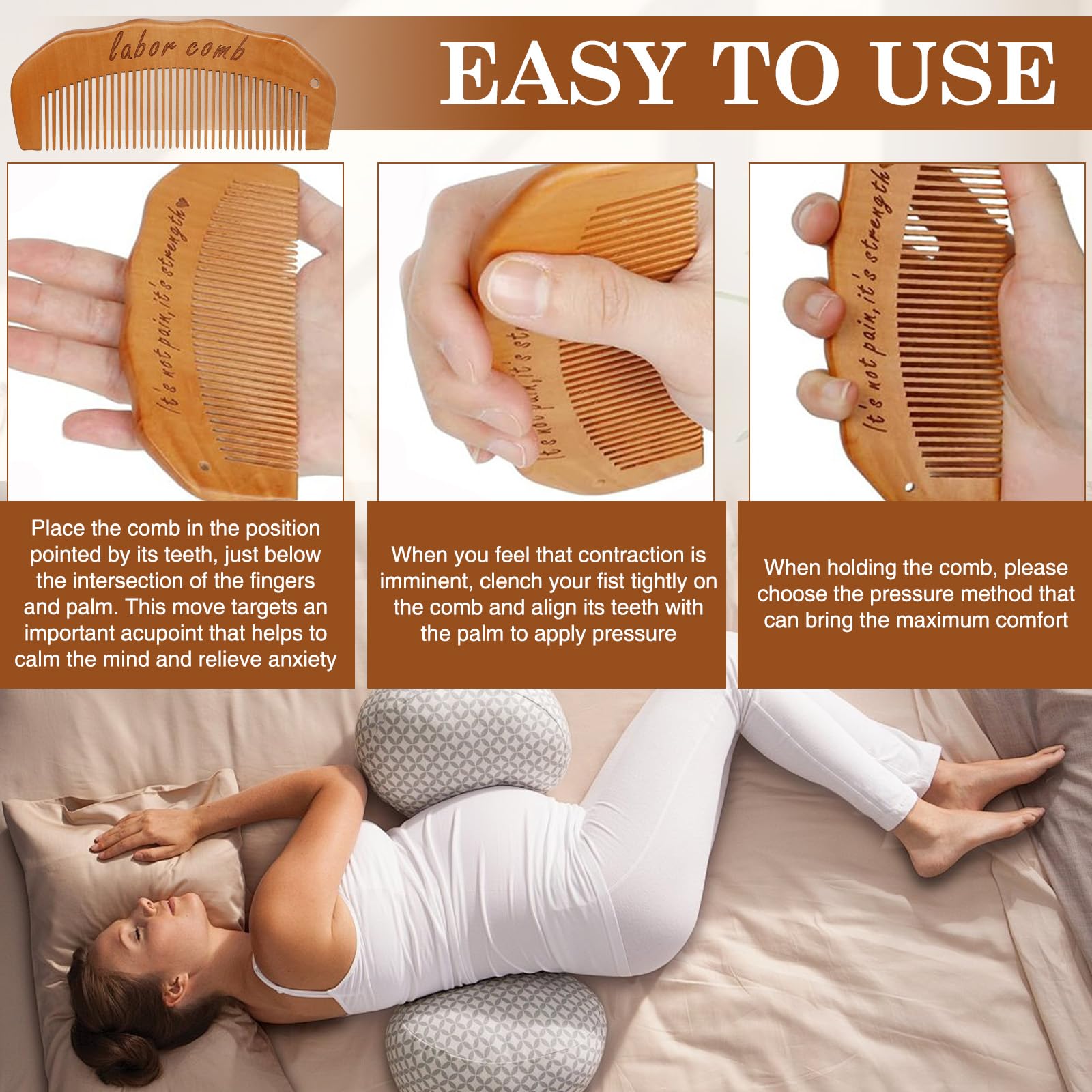 YAOYYG Peine de Partos, para el Dolor de Parto, Peine Madera Parto con Estuche de Cuero Madera Peine, Alivio Del Estrés Para Embarazadas, Regalo Embarazadas (Marrón) — view 5