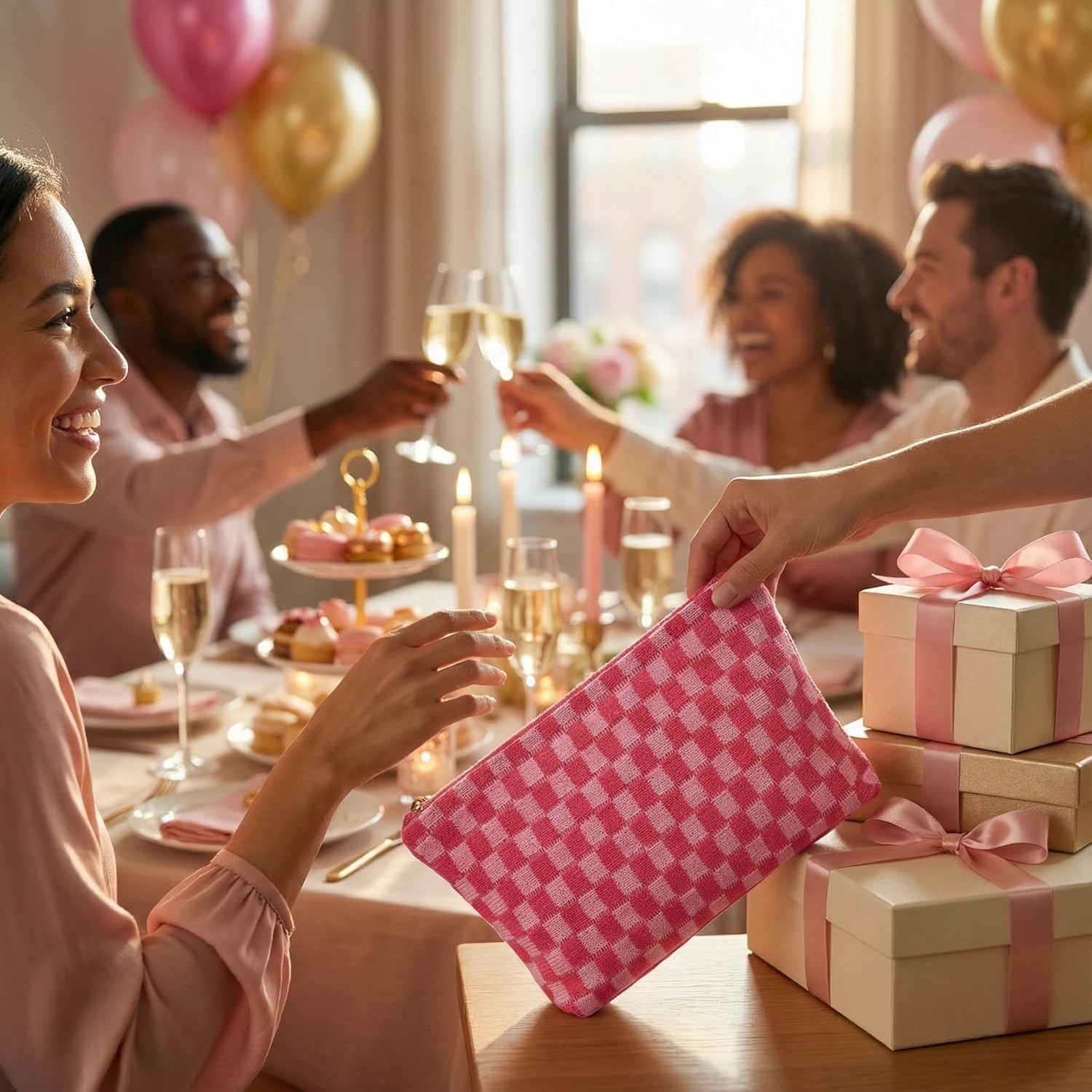 12 PACK Checkered Makeup Bags Bulk-Valentines Day Gifts/Bulk Cosmetic Bags/Large Bridesmaid Proposal Gifts/Makeup Pouch for Wedding Party Favors/Teacher/Mon/Gifts/Toiletry Travel Bags(12, Pink) - Image 7