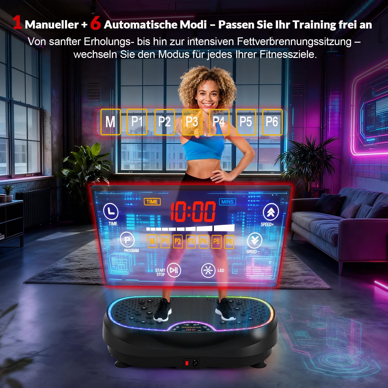 Vibrationsplatte, Vibrationsplatte Testsieger 2026 mit 6+1 Trainingsmodi, 9 coolen LED-Lichtern Vibration Plate für Zuhause, Power Llate mit 200W Bürstenlose Motoren,199 Geschwindigkeiten