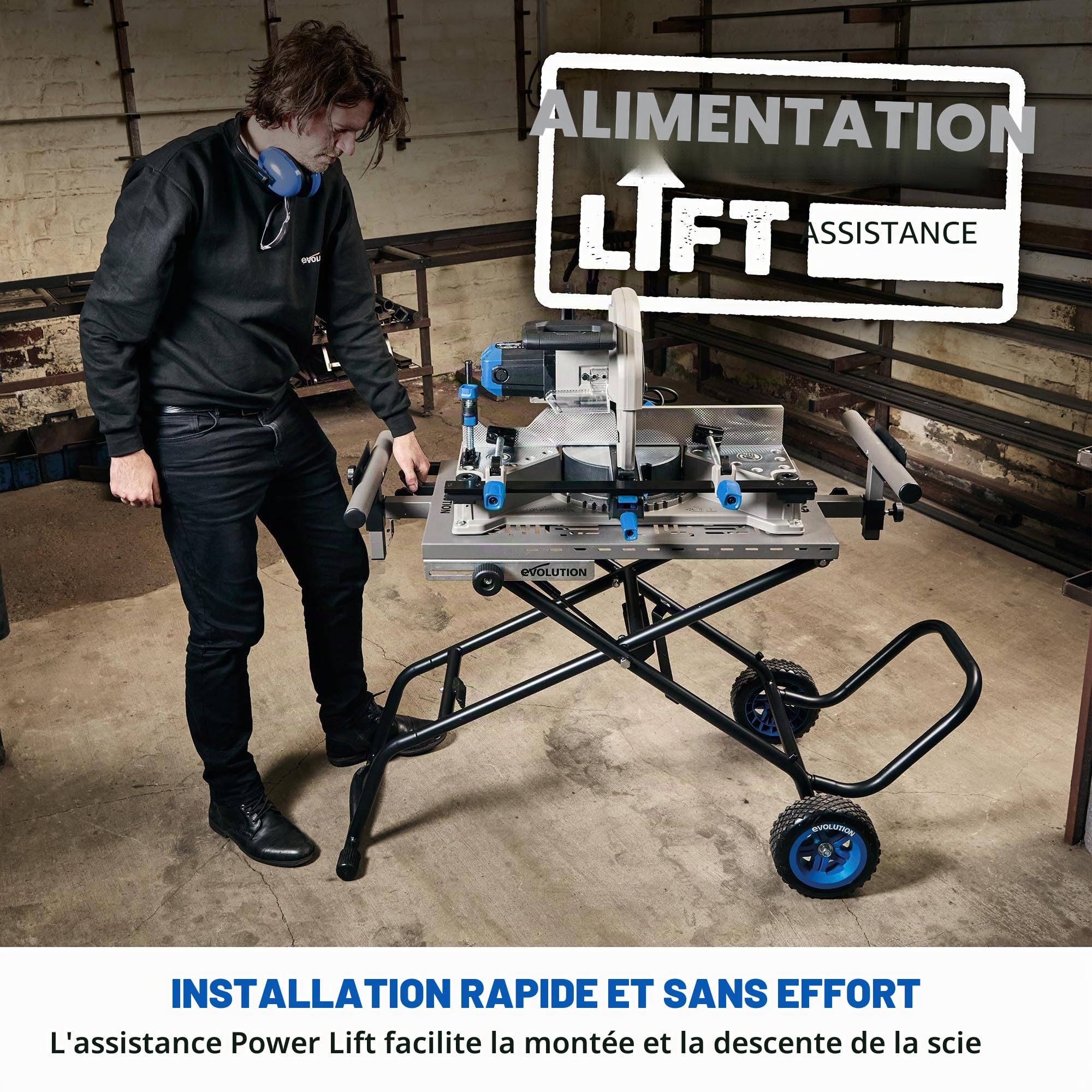 Evolution Power Tools, Support MCS, Support pour scie à onglet avec assistance Powerlift | Châssis en acier robuste, roues tout-terrain, compatible avec Evolution S355CPS, R355CPS