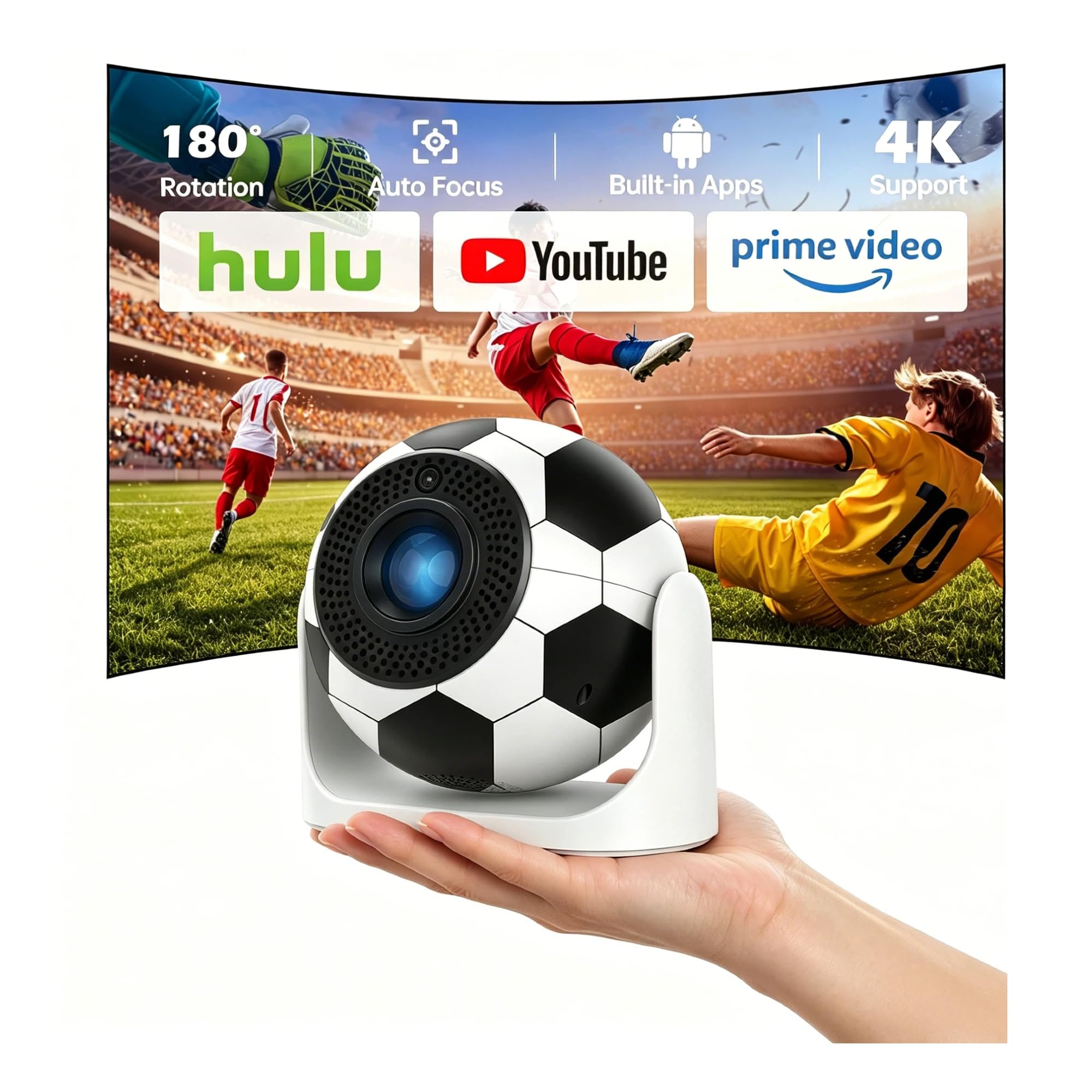 portable mini projector with wifi 2.4+5g, bluetooth, voice remote control, 4k compatibility, auto keystone correction - football-themed movie projector for business and home theater use