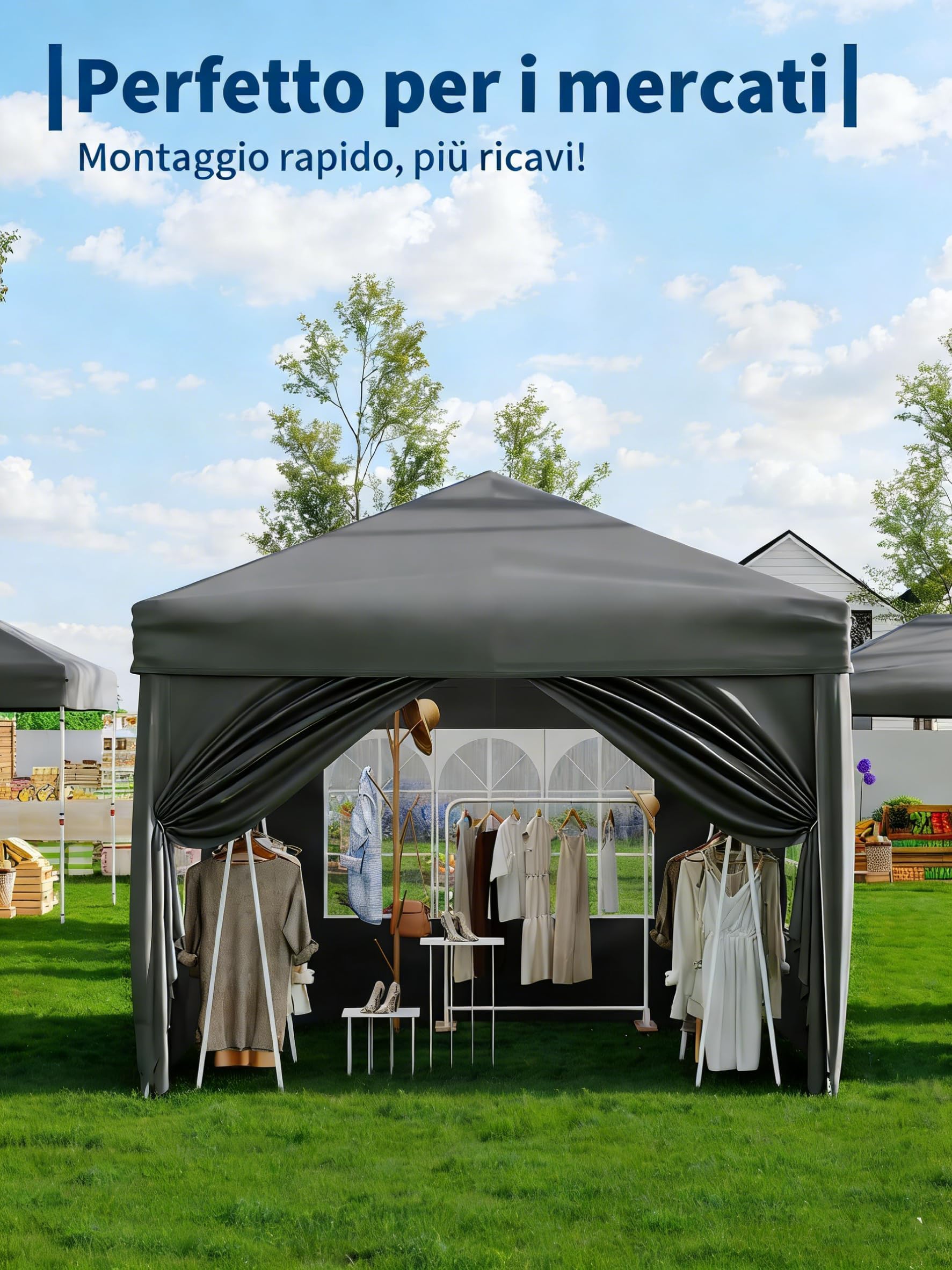 Gravee Tonnelle Pliante 3x3 m – Tente Pop-Up Robuste pour Jardin, Imperméable et Anti-UV avec Parois Latérales et Sac de Transport (Gris, 3x3m)