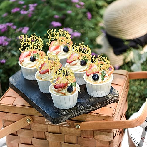 Miniatura 3 de Rsstarxi Paquete de 24 adornos dorados para cupcakes con purpurina Happy Easte, orejas de conejo, decoración de huevos de Pascua, para conejito con
