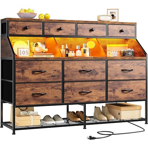 EnHomee Dresser for Bedroom with 10 Drawers & Shoe Rack Fabric Dressers & Chests of Drawers with LED Lights and Power Outlets Bedroom Dresser for Entryway, Hallway (Rustic Brown)