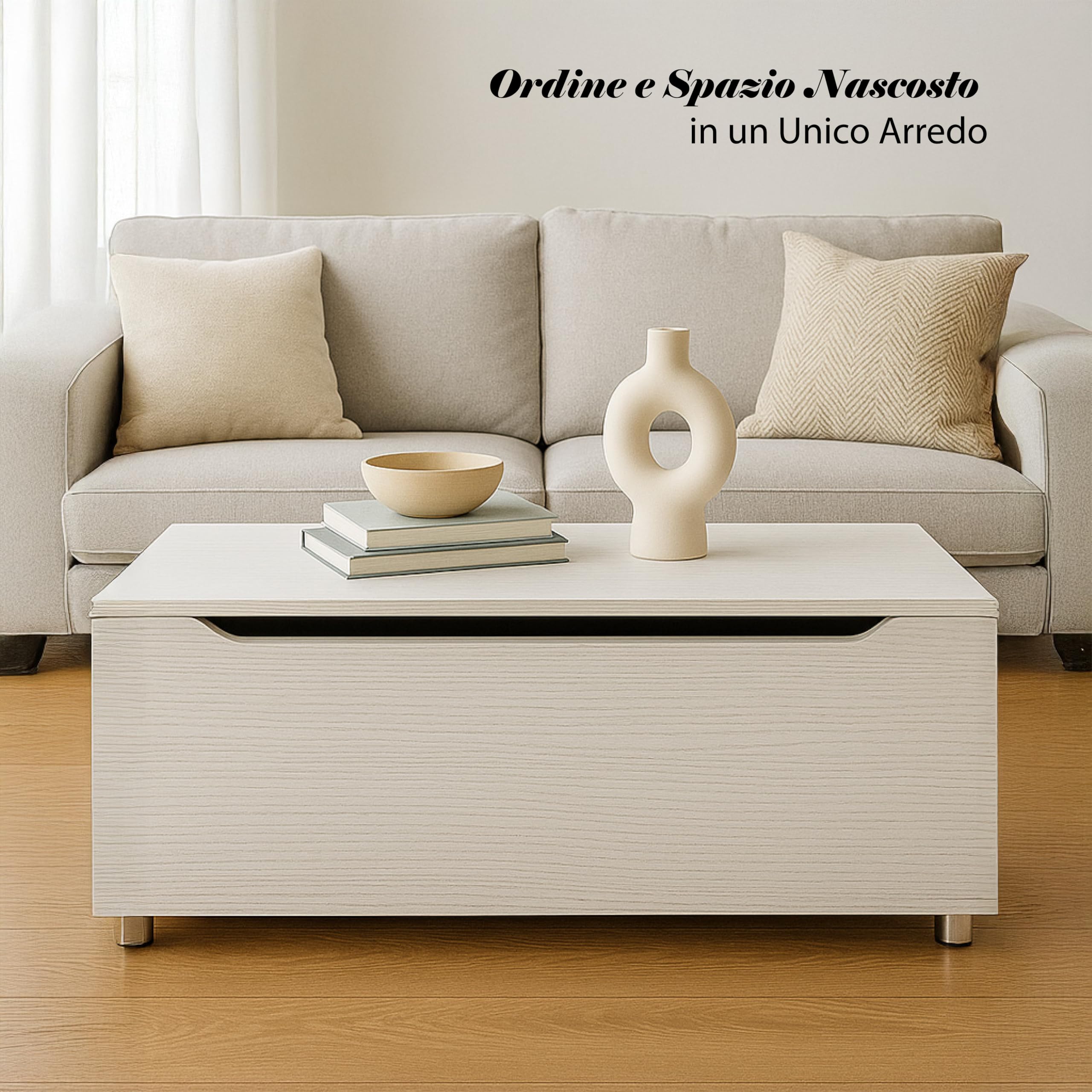 Cassapanca Contenitore Rettangolare in Legno Bianco - Portaogetti, da Ingresso, Poggiapiedi, Salvaspazio, Camera da letto, Soggiorno, Design Moderno, con Venature - 100X40X35h CM