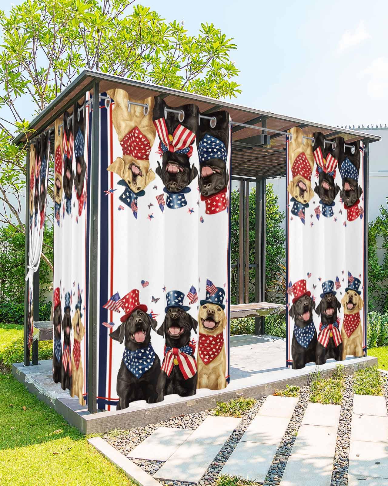 Waterproof Outdoor Curtains for Patio Porch, Fourth of July American Flag Grommet Curtain Panel Windproof Outside Curtains Tieback, Red Blue Striped Border Weighted Window Treatment Drapes