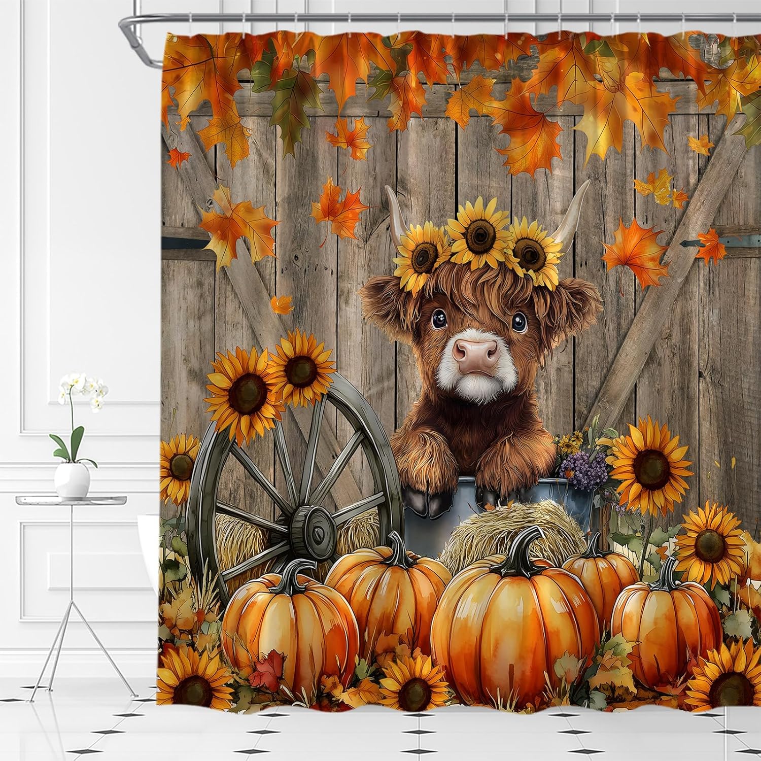 Fall Highland Cow Shower Curtain Autumn Thanksgiving Pumpkin Rustic Sunflwoer Maple Leaves Barn Door Farmhouse Animal Harvest Bathroom Curtain Fabric with Hooks(84" Wx70 H)