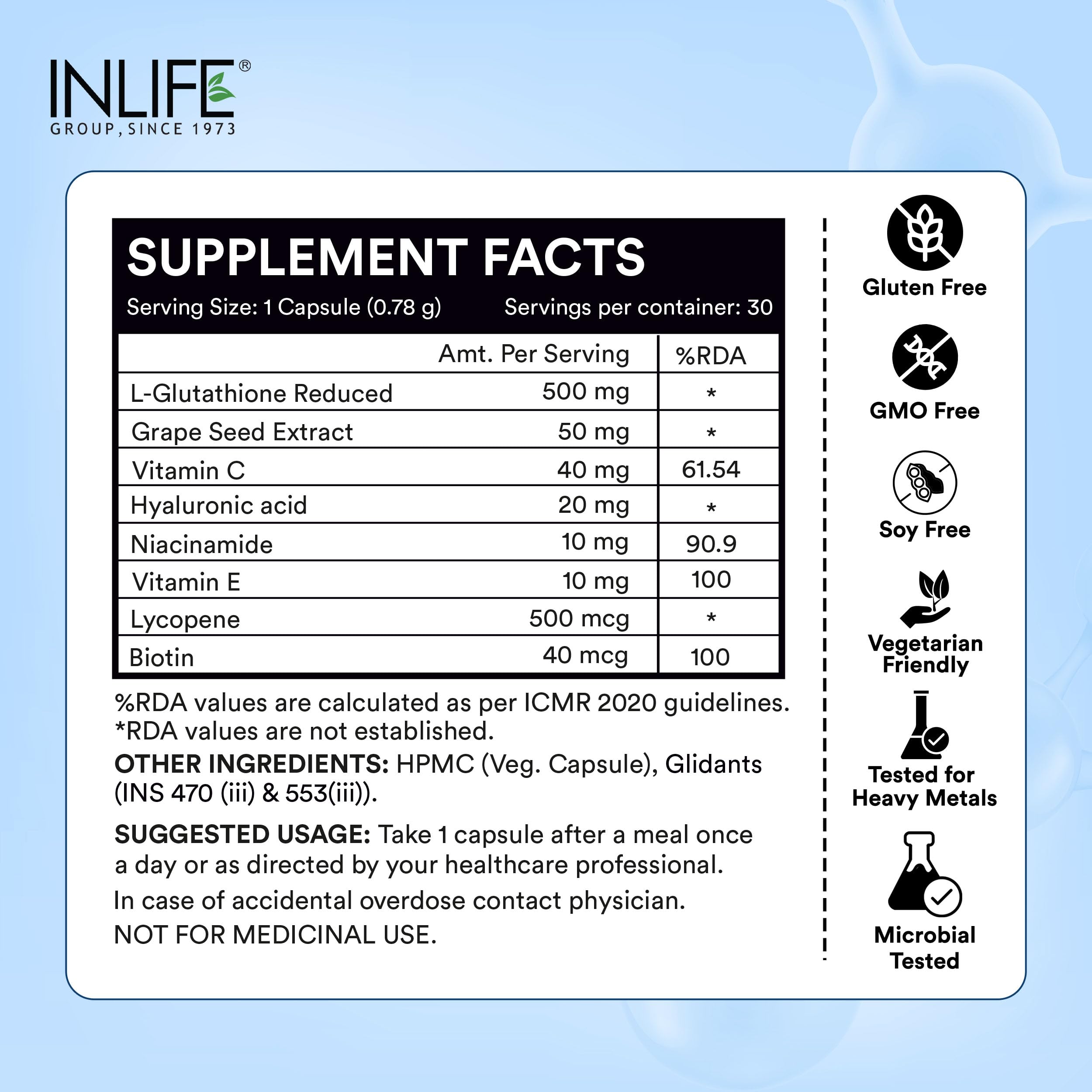 INLIFE L-Glutathione Reduced 500mg Supplement