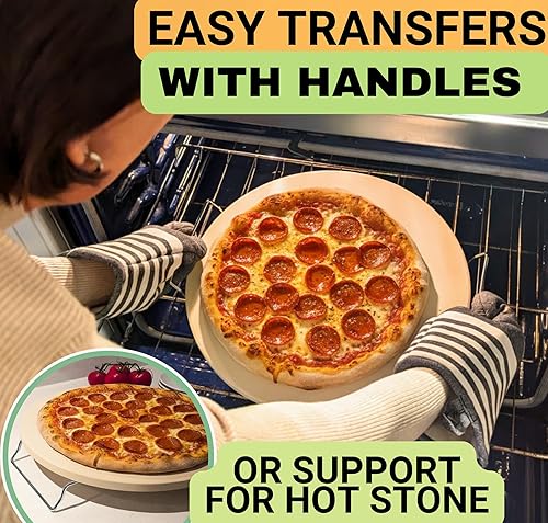 Miniatura 5 de Piedra redonda para pizza para horno de 16 pulgadas, piedra grande para pizza con asas, cáscara de pizza de metal, cortador de pizza y herramienta