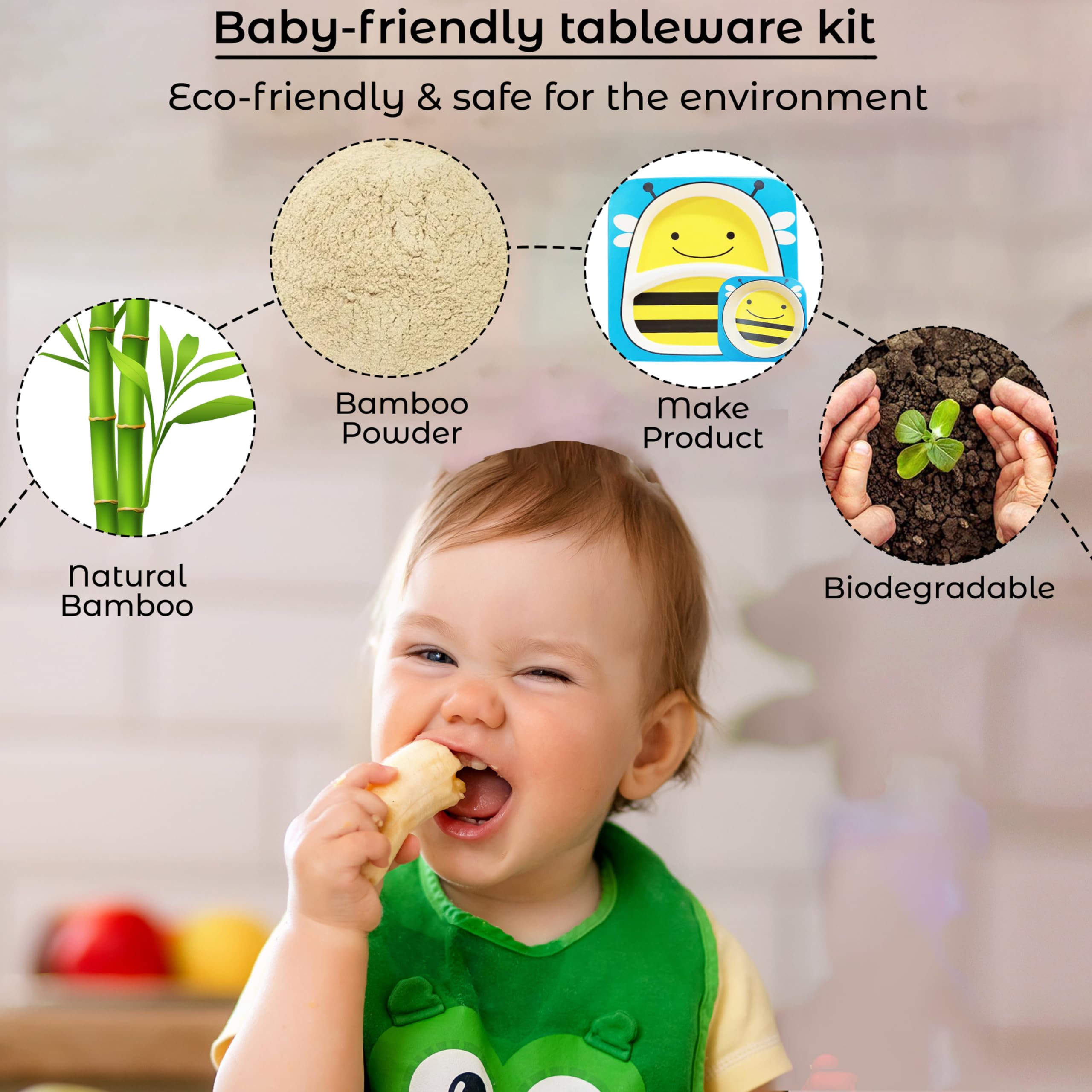 Bembika Baby Self Feeding Essential Baby Dinnerware Bamboo Fibre Dinner Set for Kids for Kids and Toddlers - Pack of 5 (Yellow) 1