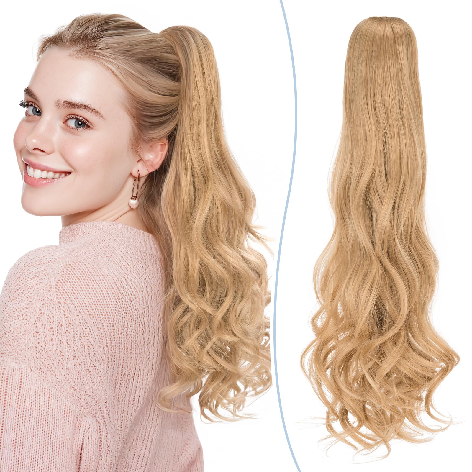 SEGO Claw On Ponytail Extension 18 Inch/45cm Curly Wavy Clip In Pony tail Synthetic Hairpiece, Light Blonde