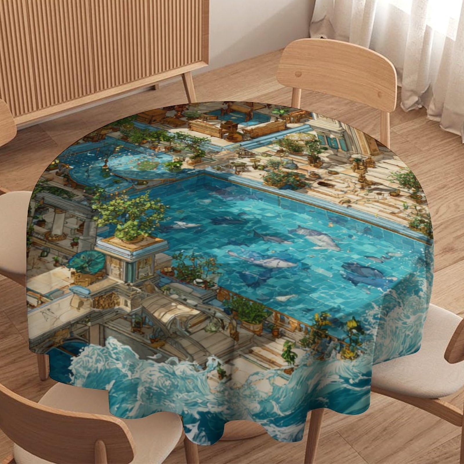 LUYYSKY Beautiful Vintage Ocean Beach Waterproof Round Tablecloth Modern Romantic Nautical European Architecture Print Washable Table Cover for Kitchen-177.8" Wx177.8 L cm