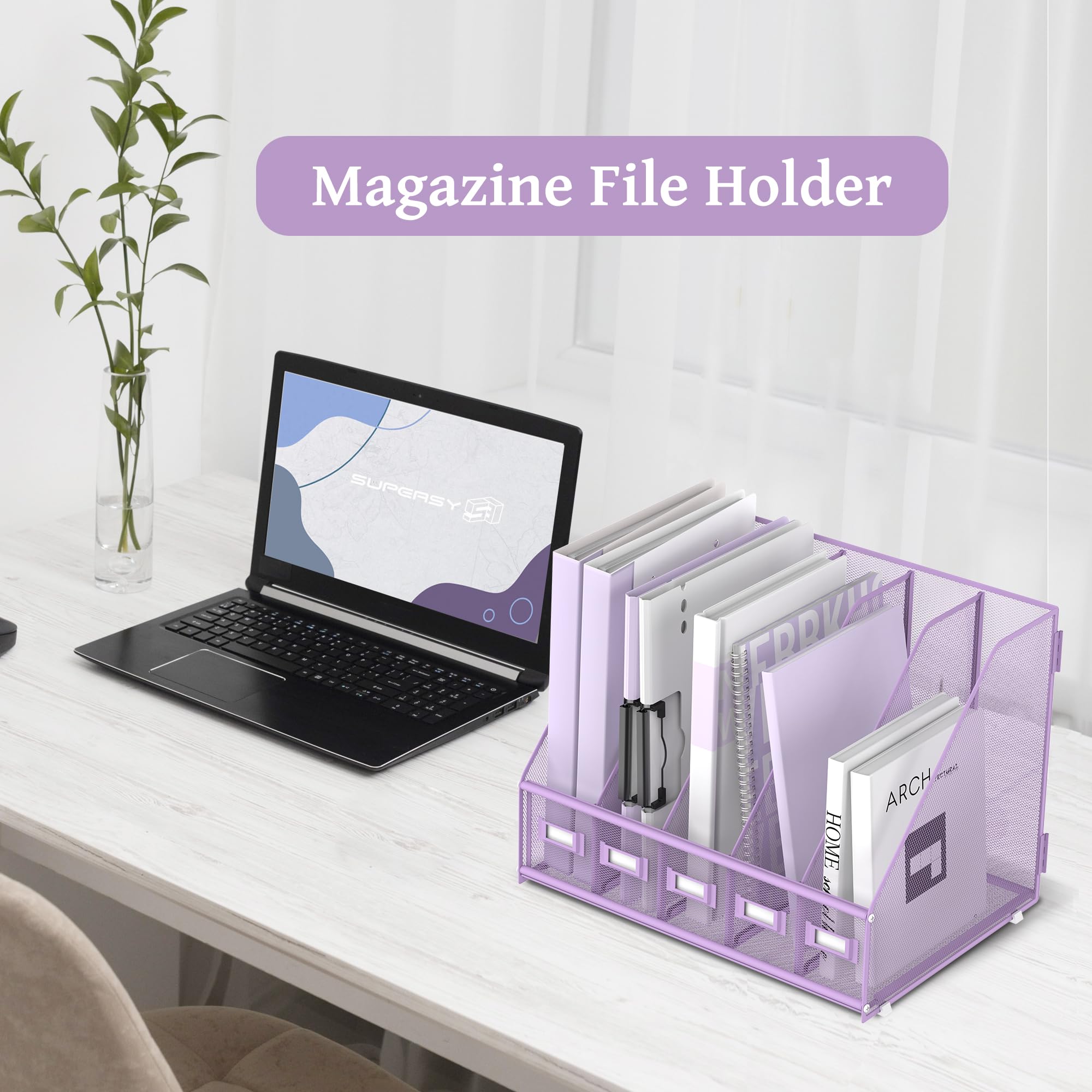 SUPEASY Organizer da scrivania in metallo con 5 scomparti verticali, organizer per documenti, per scrivania da ufficio, spazio di lavoro domestico, viola