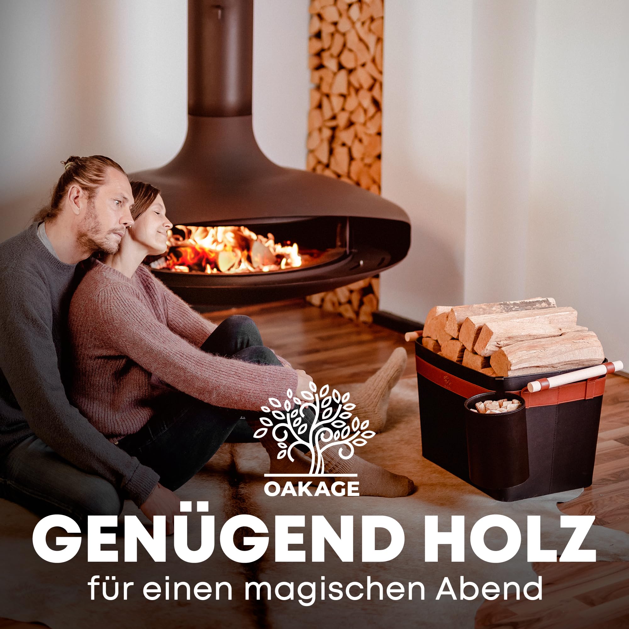OAKAGE® Holzkorb für Kaminholz Groß aus veganem Leder Kaminholzkorb Feuerholzkorb Brennholzkorb Kaminkorb | Korb Bundle