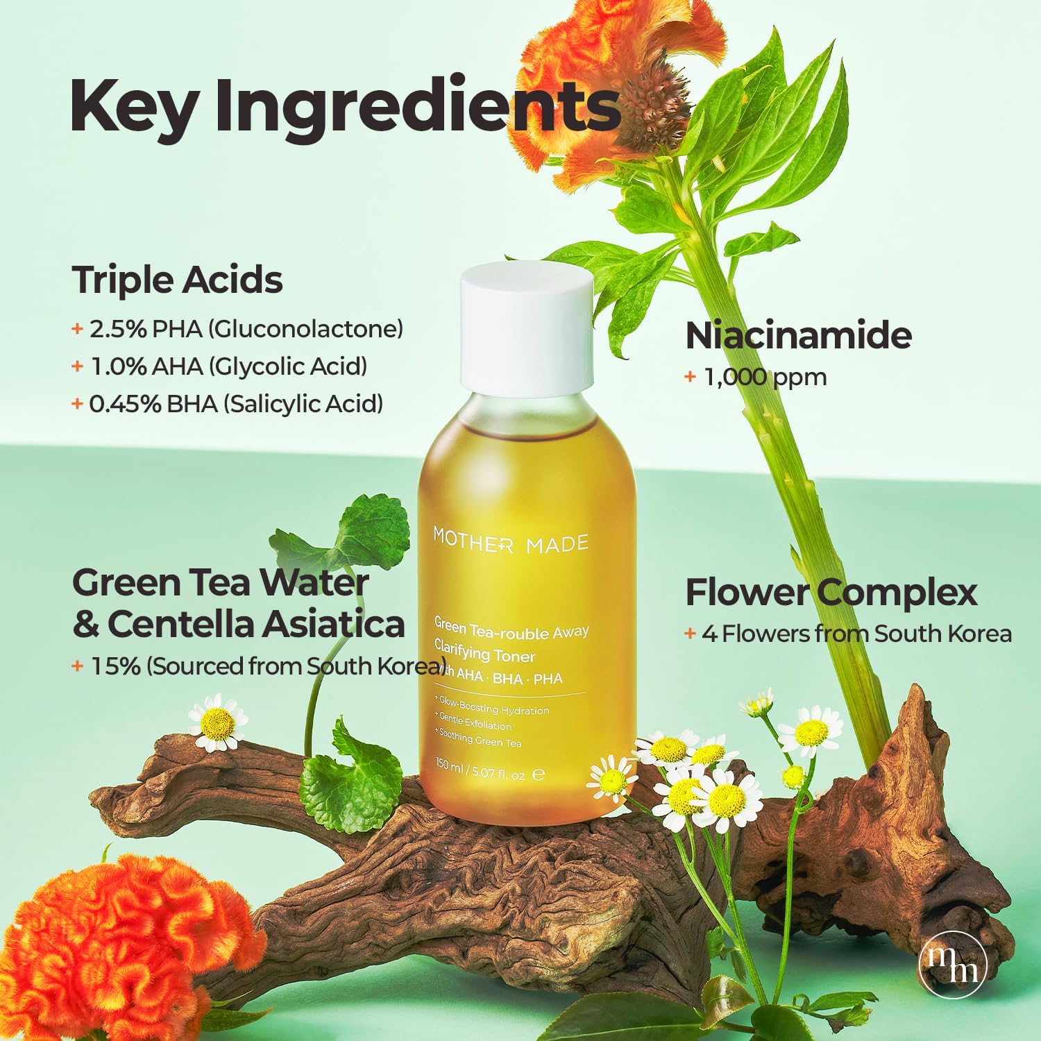 MOTHER MADE Green Tea-Rouble Away Clarifying Toner with AHA BHA PHA 150 ml - Image 5