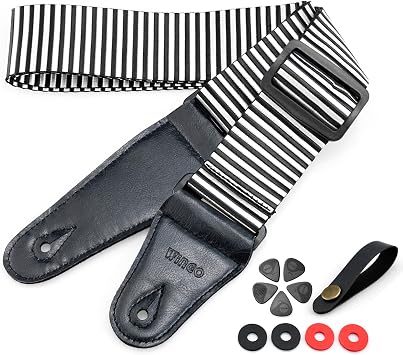 WINGO Guitar Strap, Soft Nylon Guitar Straps for Bass, Electric & Acoustic Guitars, with Non-slip Guitar Picks, Strap Button and 4 Pcs Silicone Strap Locks - B&W Stripes.