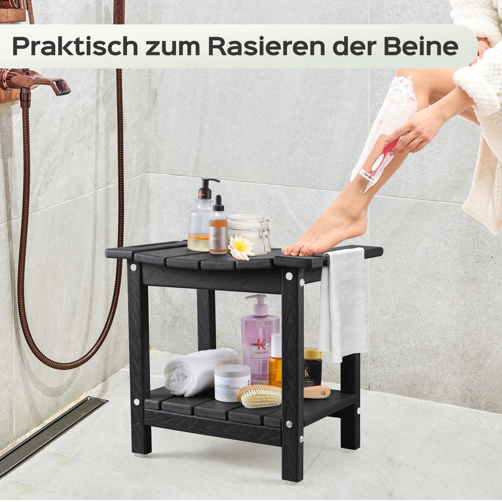 LyriFine Duschhocker, 47cm HDPE wasserdichter Duschstuhl für die Dusche, Badezimmer Hocker mit Duschkopfhalter, 160kg Duschhocker für ältere Menschen und Senioren zum Rasieren der Beine, Schwarz