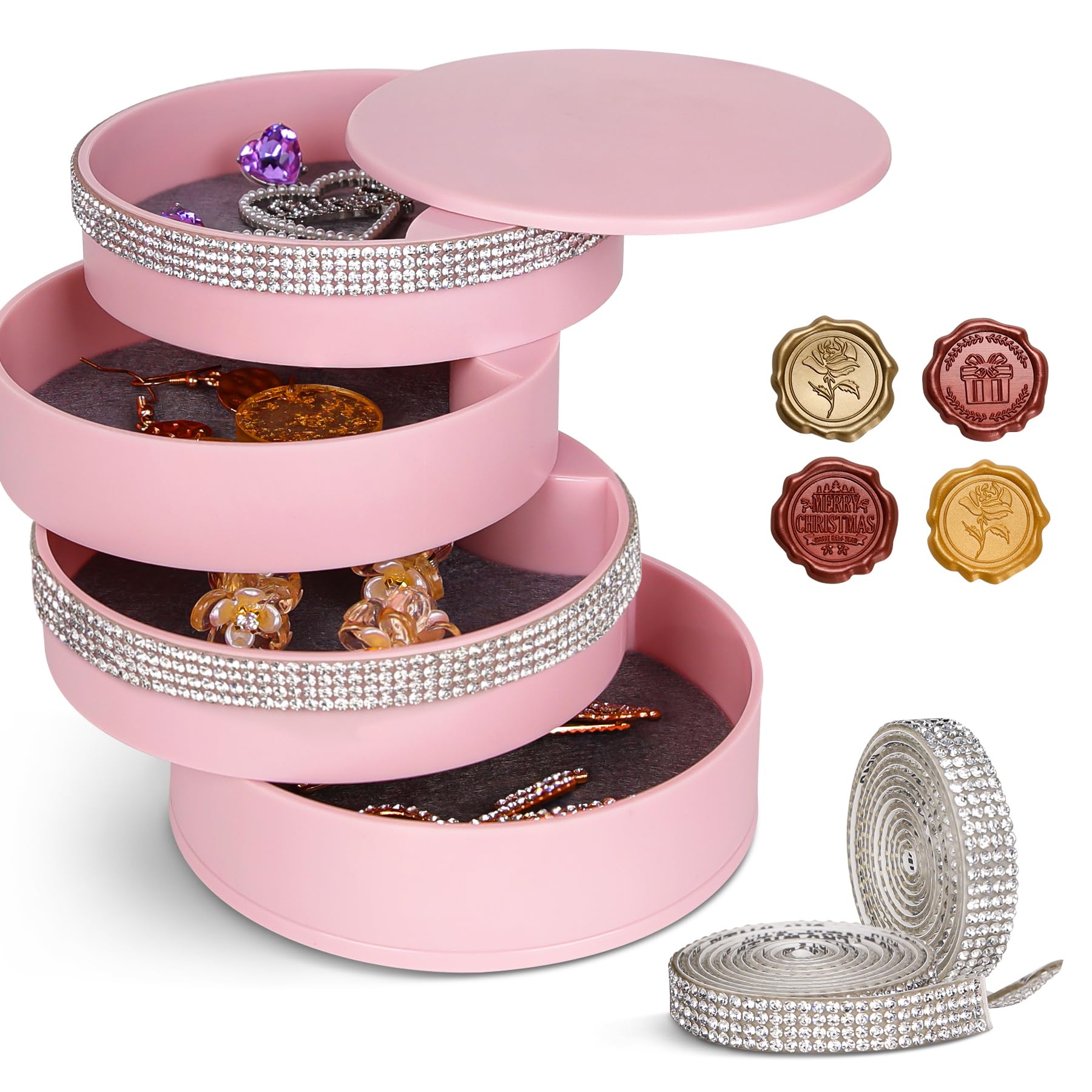 Boucles d'oreilles et bracelets rangés dans cet écrin rotatif à 5 couches