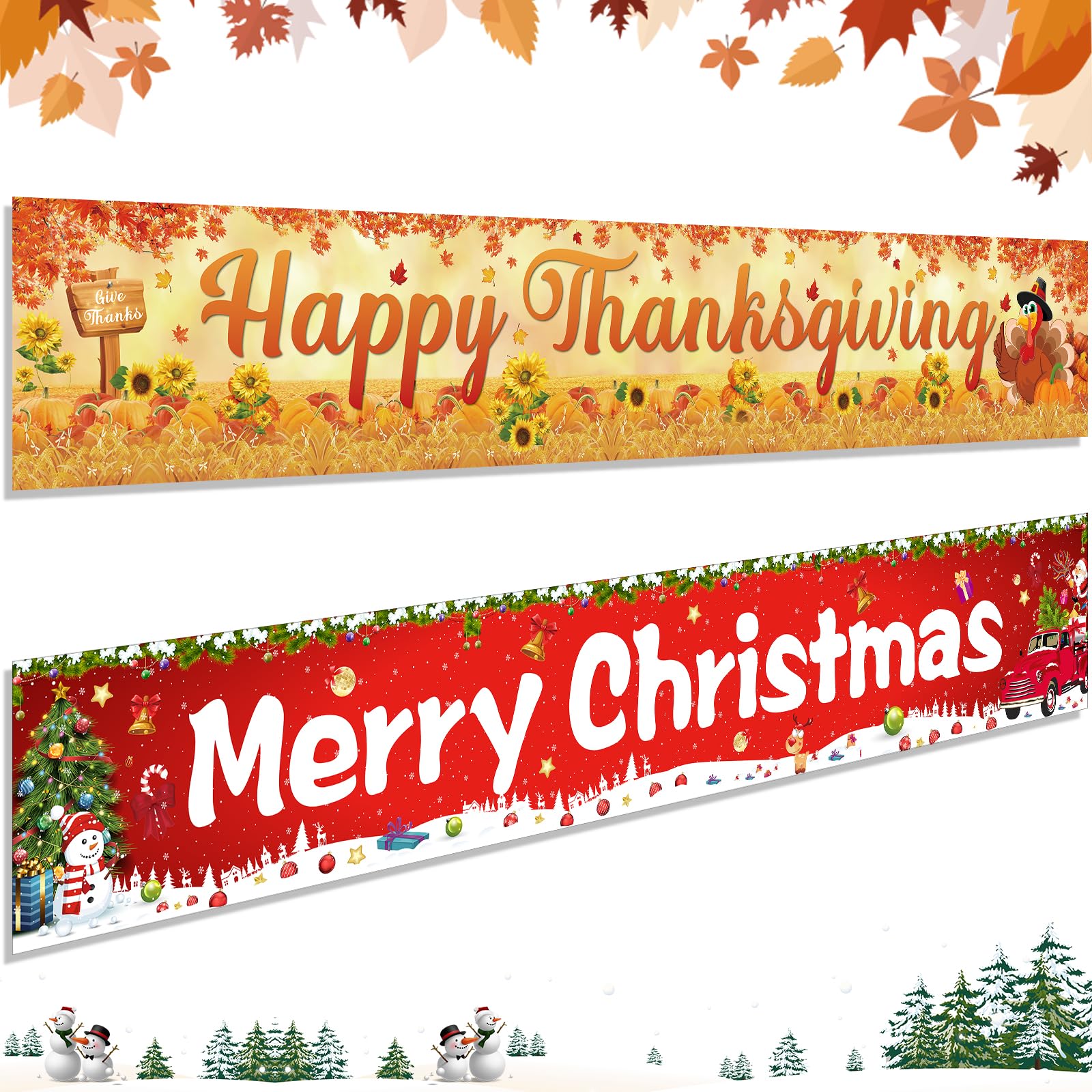 2 X Doppelseitige Flaggen 'Happy Thanksgiving Merry Christmas' – 90x150 Cm, Polyester, Mit Ösen