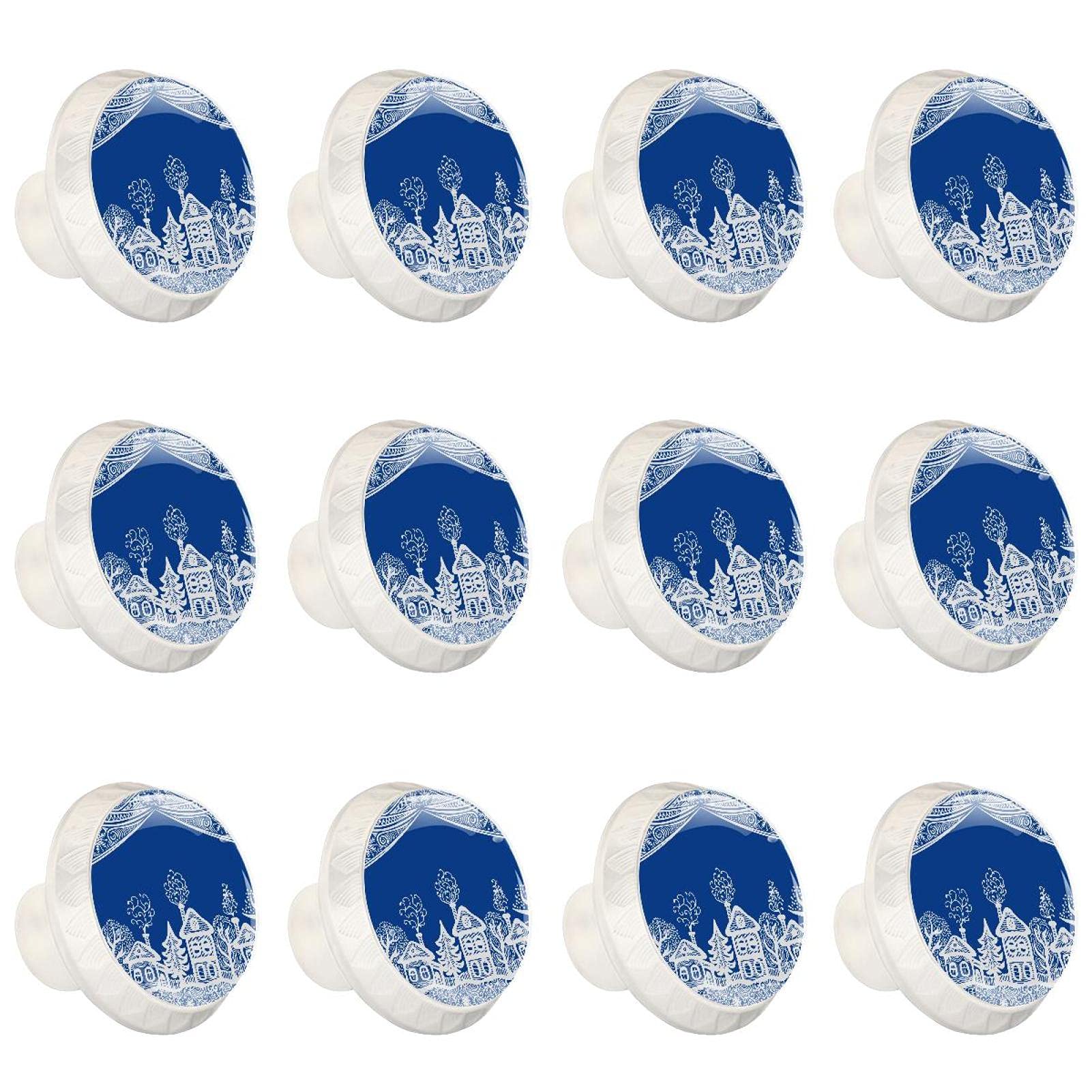 Boutons d'armoires de cuisine bleu village d'hiver pour poignée tiroir commode x12