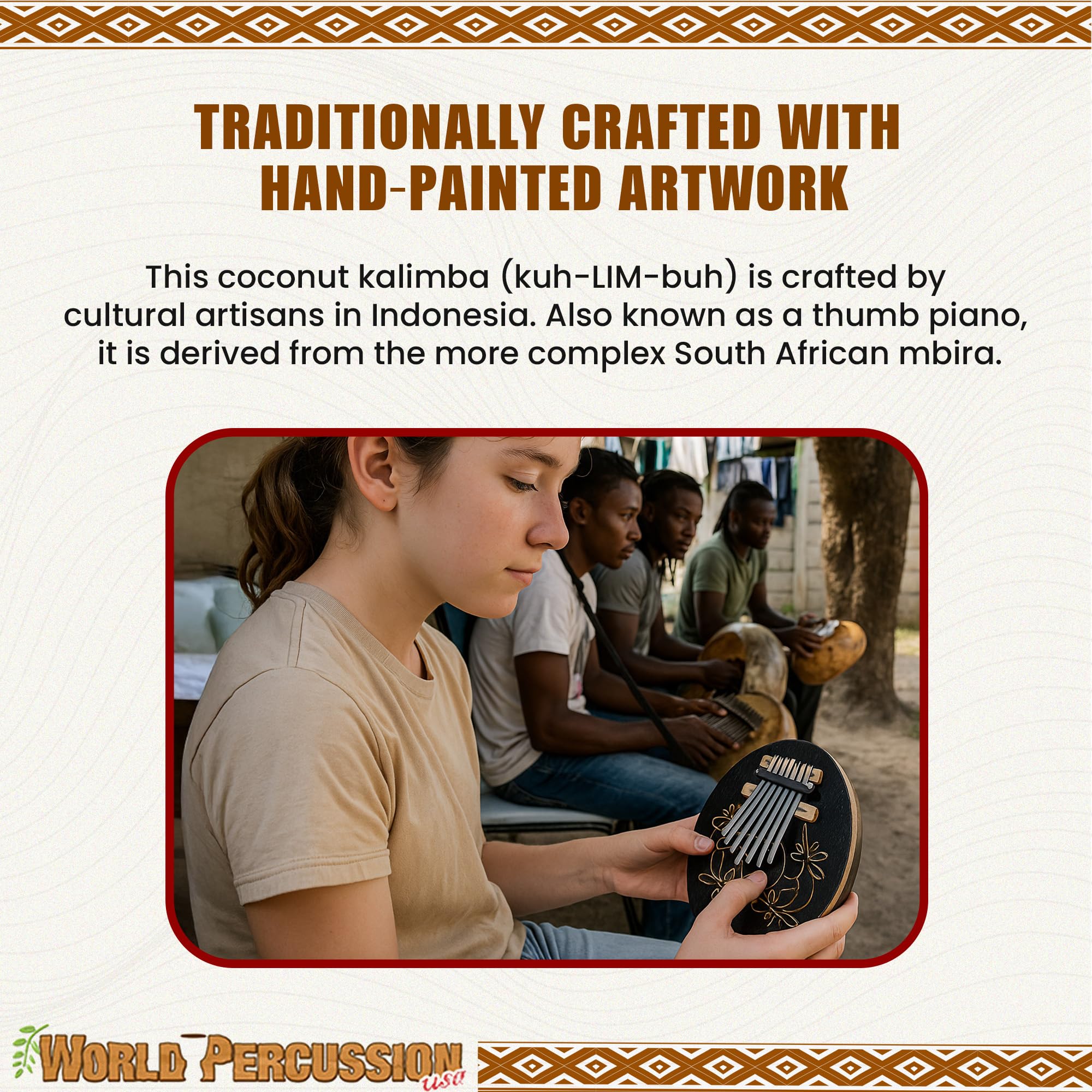 World Percussion USA Kalimba Thumb Piano Instruments - 7 keys - Tunable - Coconut Shell - Ebonized Lizard (R)