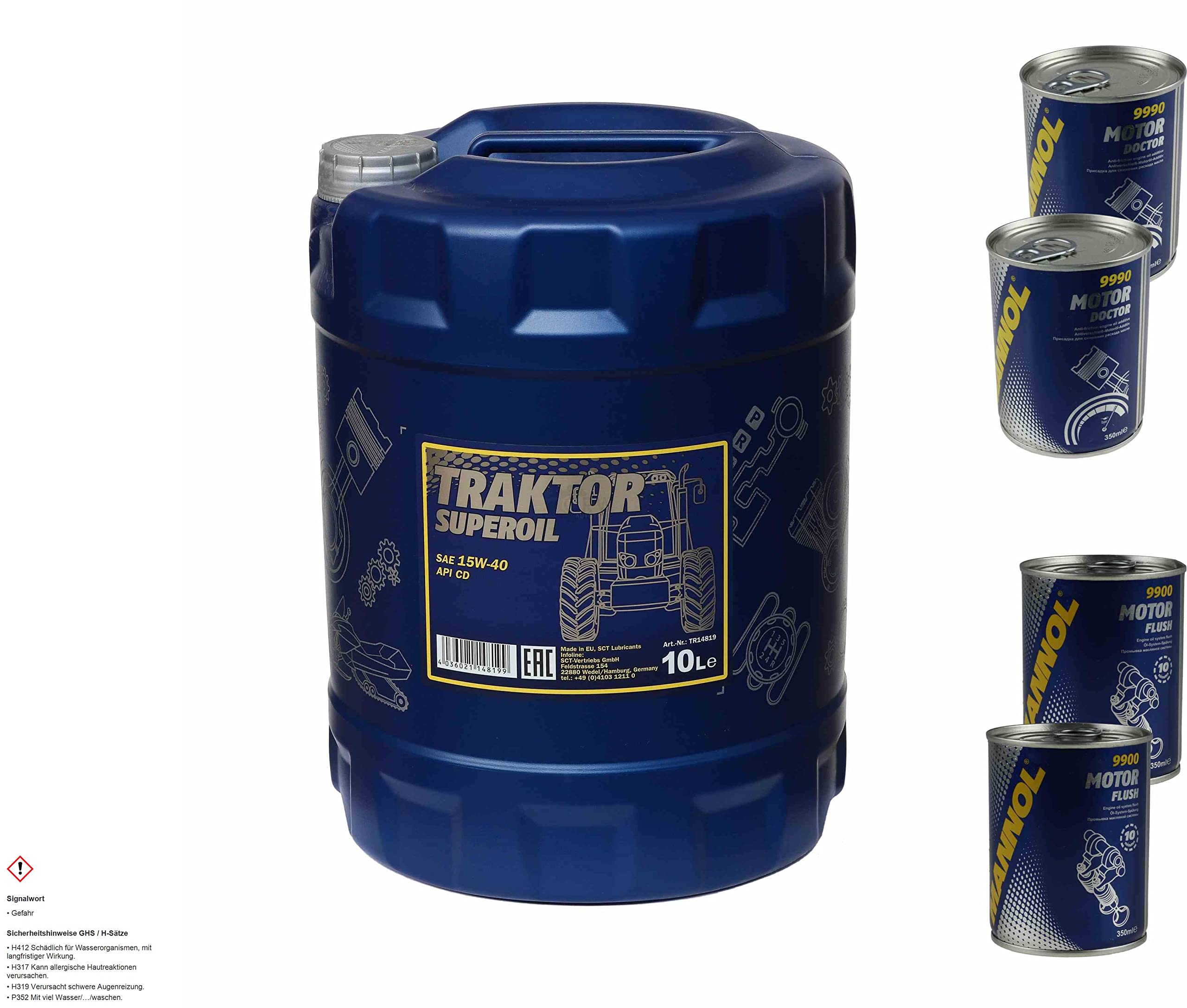 10 l Mannol Traktor Superoil 15W-40, olio motore per trattore, con 2 confezioni di Motor Doctor + Motor Flush