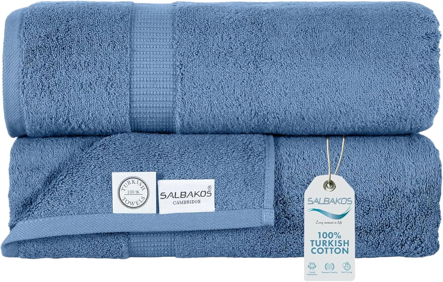 SALBAKOS 100% Turkish Cotton Extra Large Bath Sheet Set of 2 35x70 inch | Heirloom Quality | Hotel & Spa Collection | Soft, Absorbent Oversize Bath Towels | Made in Turkey (Blue, 2 Bath Sheets)