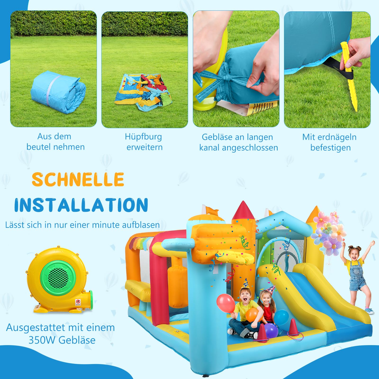 LEADZM Hüpfburg mit Gebläse, Aufblasbares Burgen mit Pool, Rutsche, Trampolin, Boxständer, 356x315x203cm