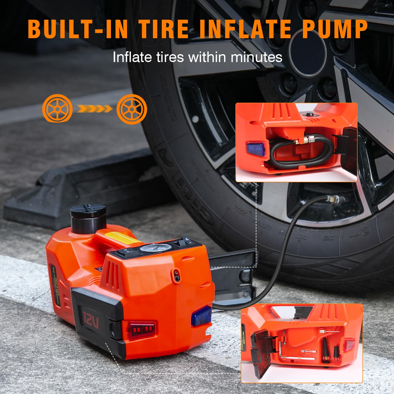 Auto Cric idraulico 5T, Cric elettrico 4 in 1 12V con pompa gonfiabile e luce LED, portata di sollevamento di 15-45 cm, Cric per auto, SUV, officine, riparazioni di emergenza, cambio gomme