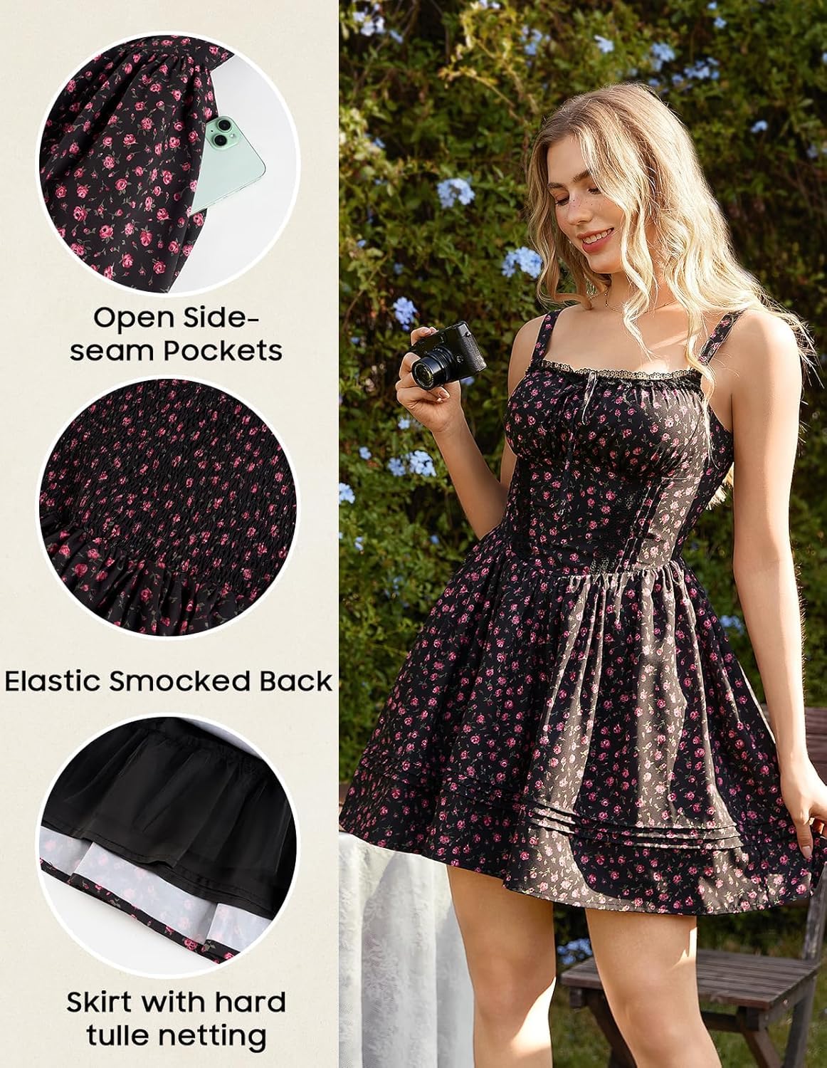 SCARLET DARKNESS Robe d'été pour femme - Mini robe corset à motif floral - Sans manches - Bretelles spaghetti - Robe d'été trapèze