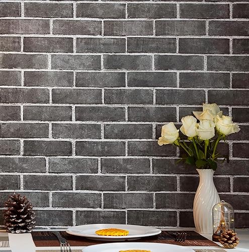 Miniatura 10 de HeloHo Papel tapiz de ladrillo azul marino de 196.8"X17.7" despegar y pegar autoadhesivo removible ladrillo 3D texturizado papel de pared para