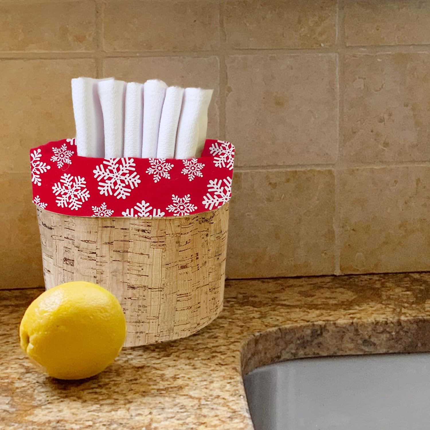 Premium Reusable Paper Towel Set - Cotton - American Made - Super Absorbent, Durable, Machine Washable, & Easy to Store (Reversible Red Snowflake & Cork Leather Basket, 6 White Cloths)